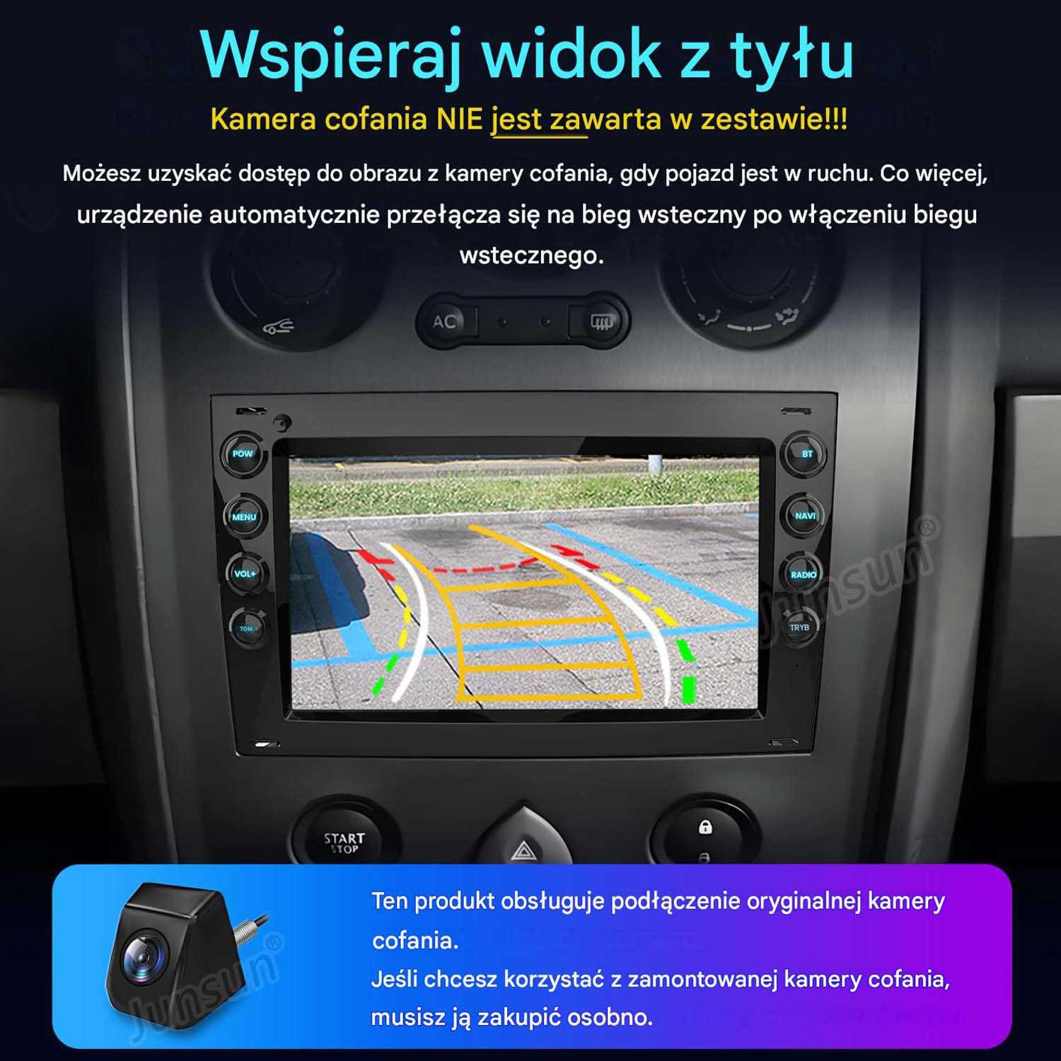 System multimedialny samochodu wyświetla widok z kamery cofania z liniami.