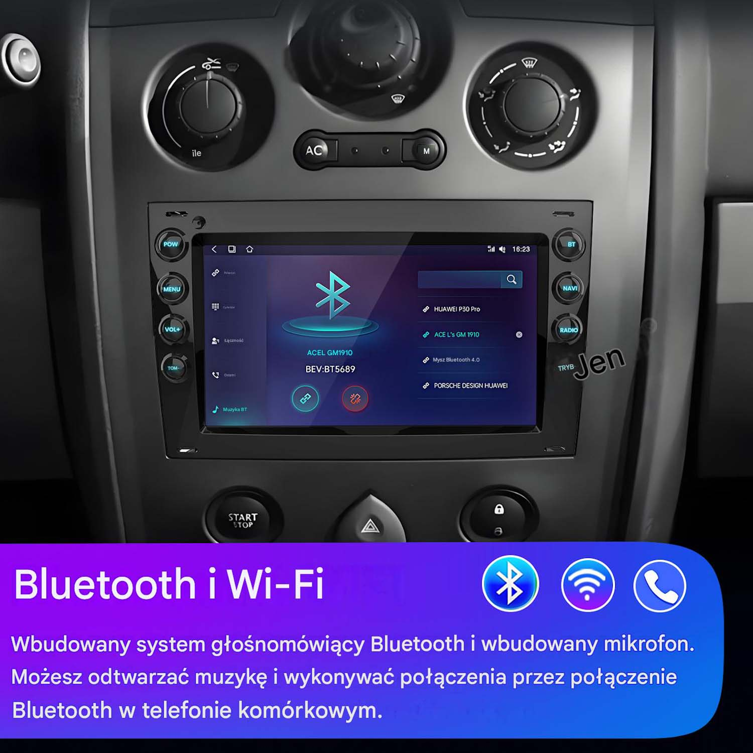 System multimedialny samochodu z ekranem dotykowym wyświetlający Bluetooth i Wi-Fi.