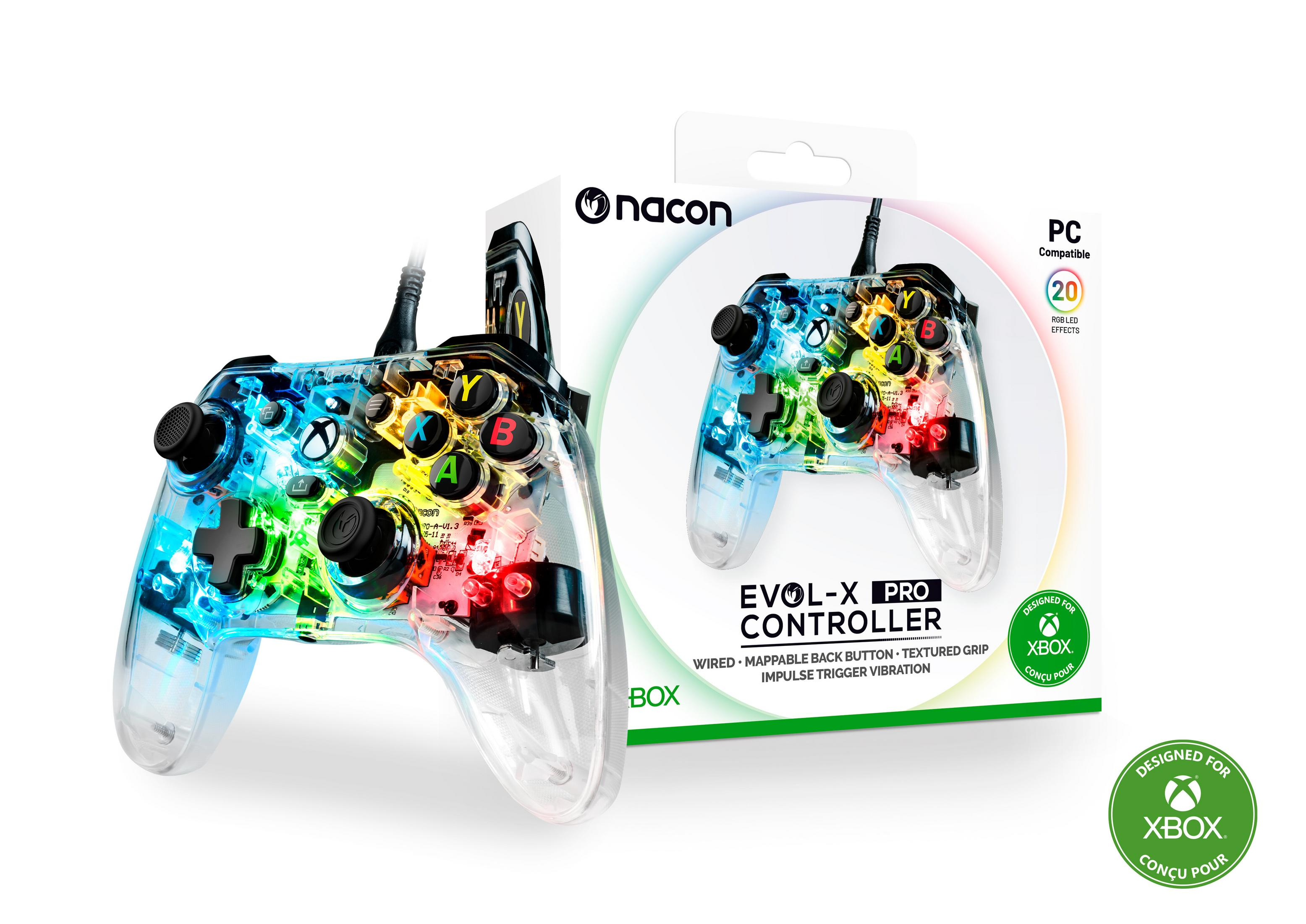 Przezroczysty kontroler Nacon EVOL-X PRO z efektami LED RGB i logo "Designed for Xbox".