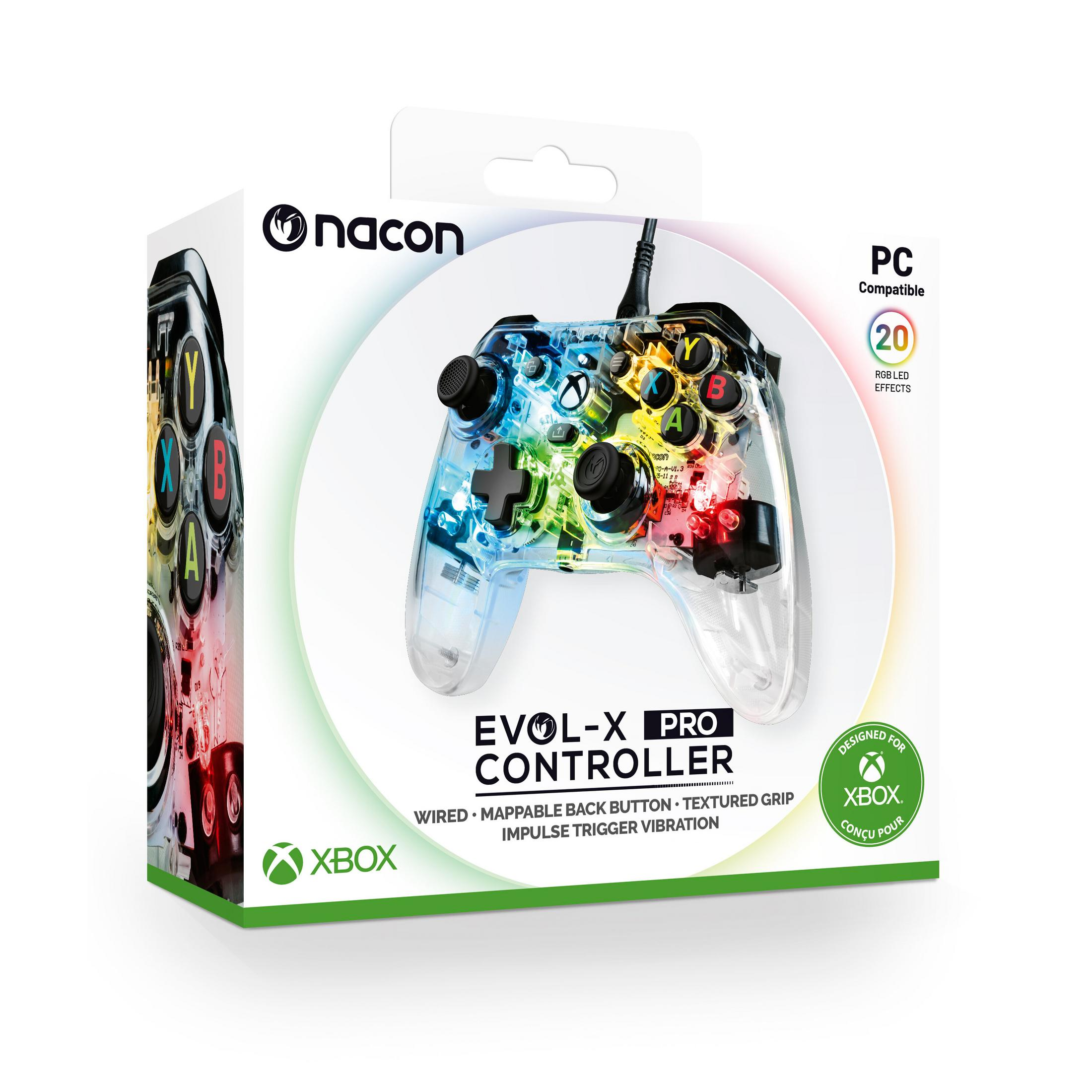 Opakowanie kontrolera Nacon EVOL-X PRO z przezroczystym kontrolerem, efektami LED RGB i logo Xbox.