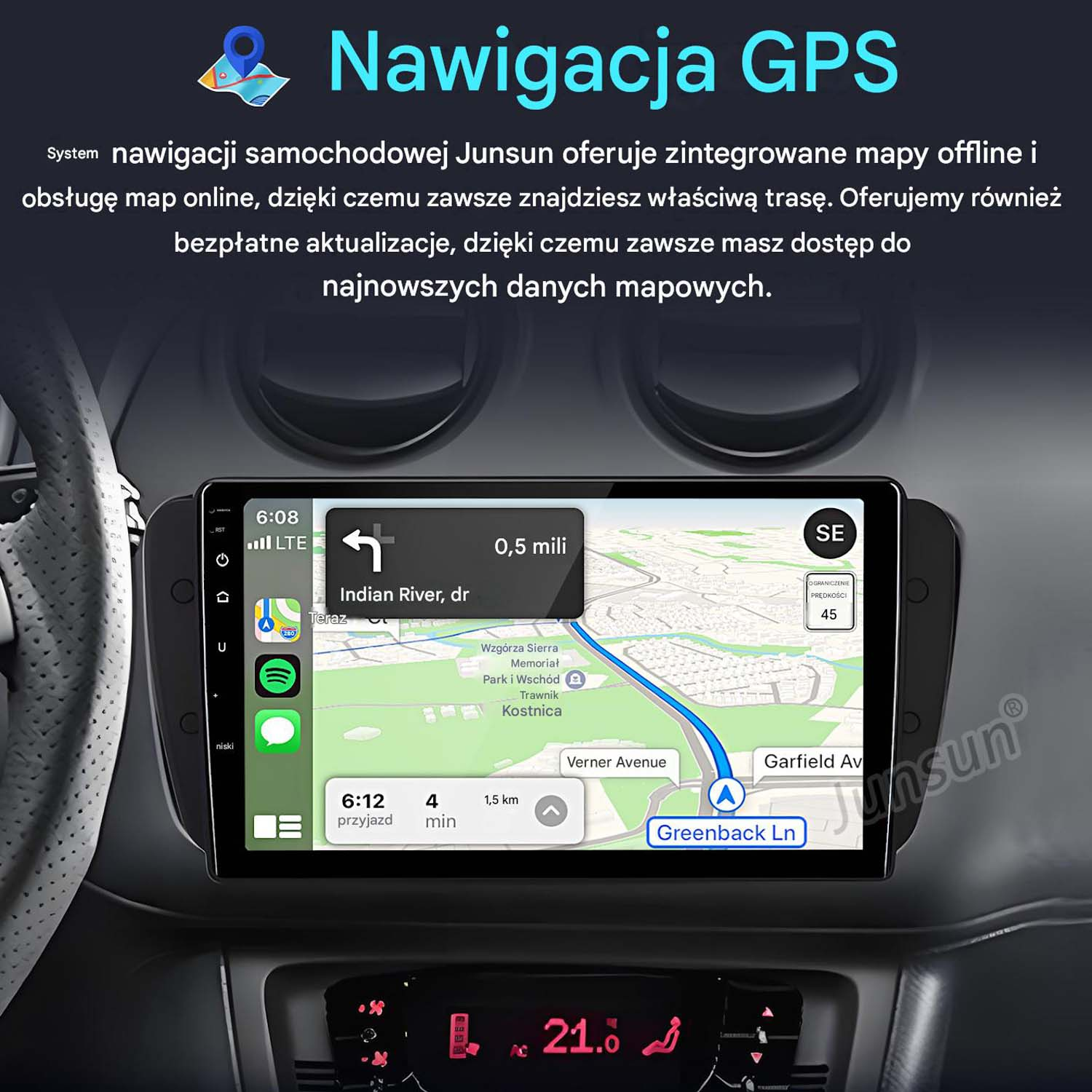 System nawigacji samochodowej pokazujący mapę z trasą od Indian River do Greenback Ln.