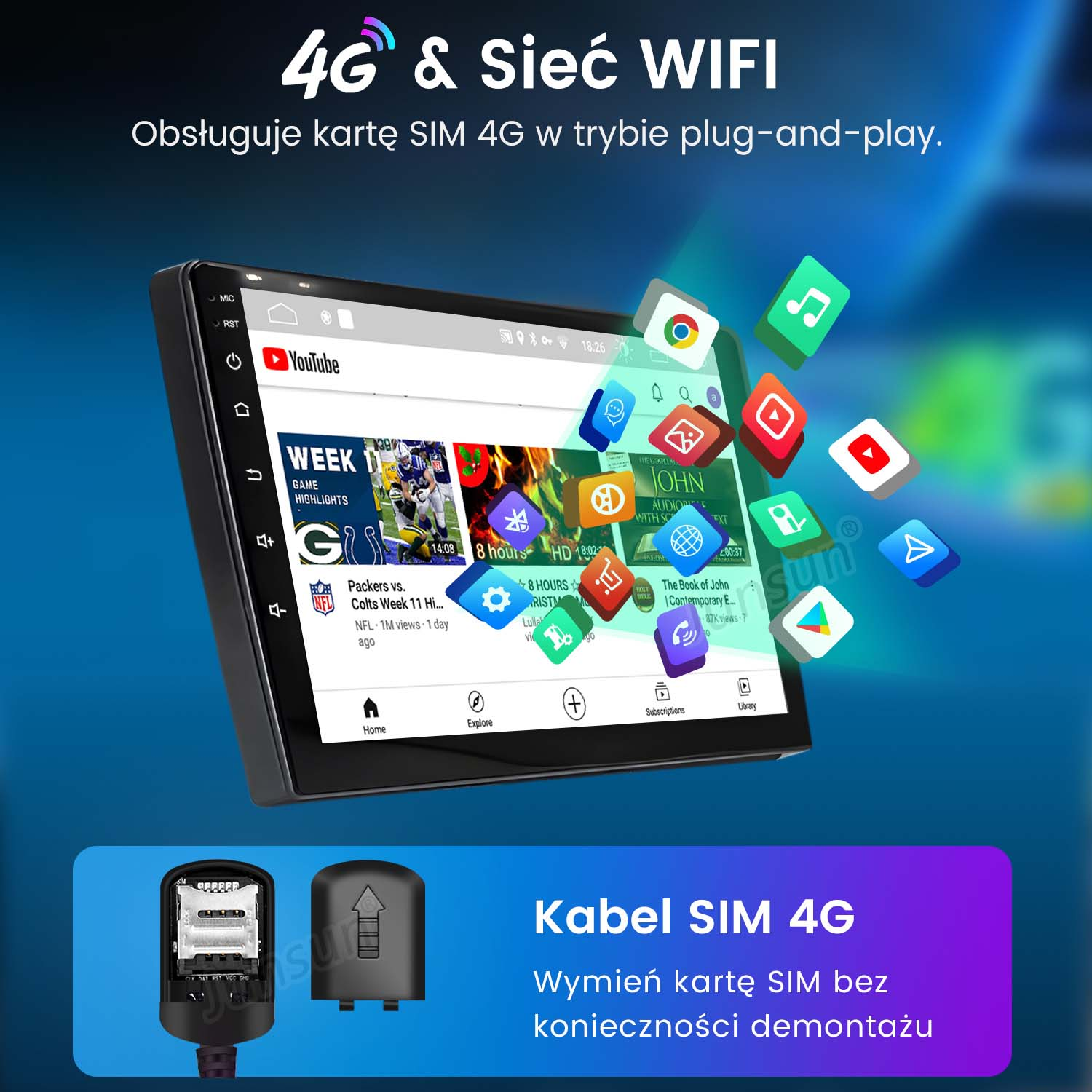 Radio samochodowe wyświetla aplikacje jak YouTube, muzyka i gry z ikonami 4G i WIFI.