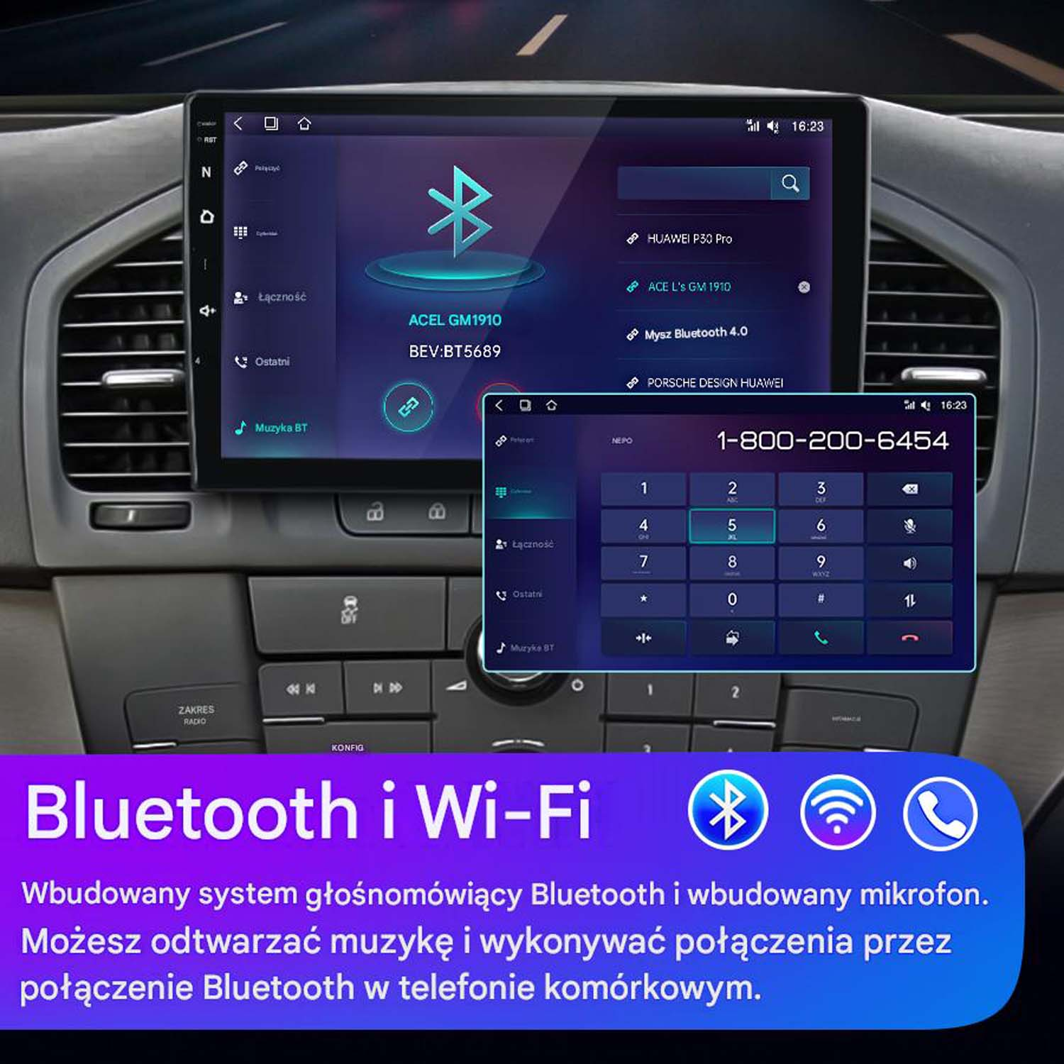 Ekran systemu multimedialnego samochodu z ikonami Bluetooth i Wi-Fi.