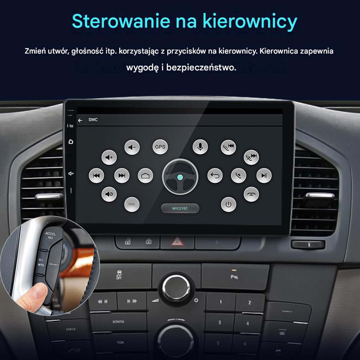 Samochodowy ekran dotykowy wyświetla ikony sterowania kierownicą. Palec naciska przycisk na kierownicy.
