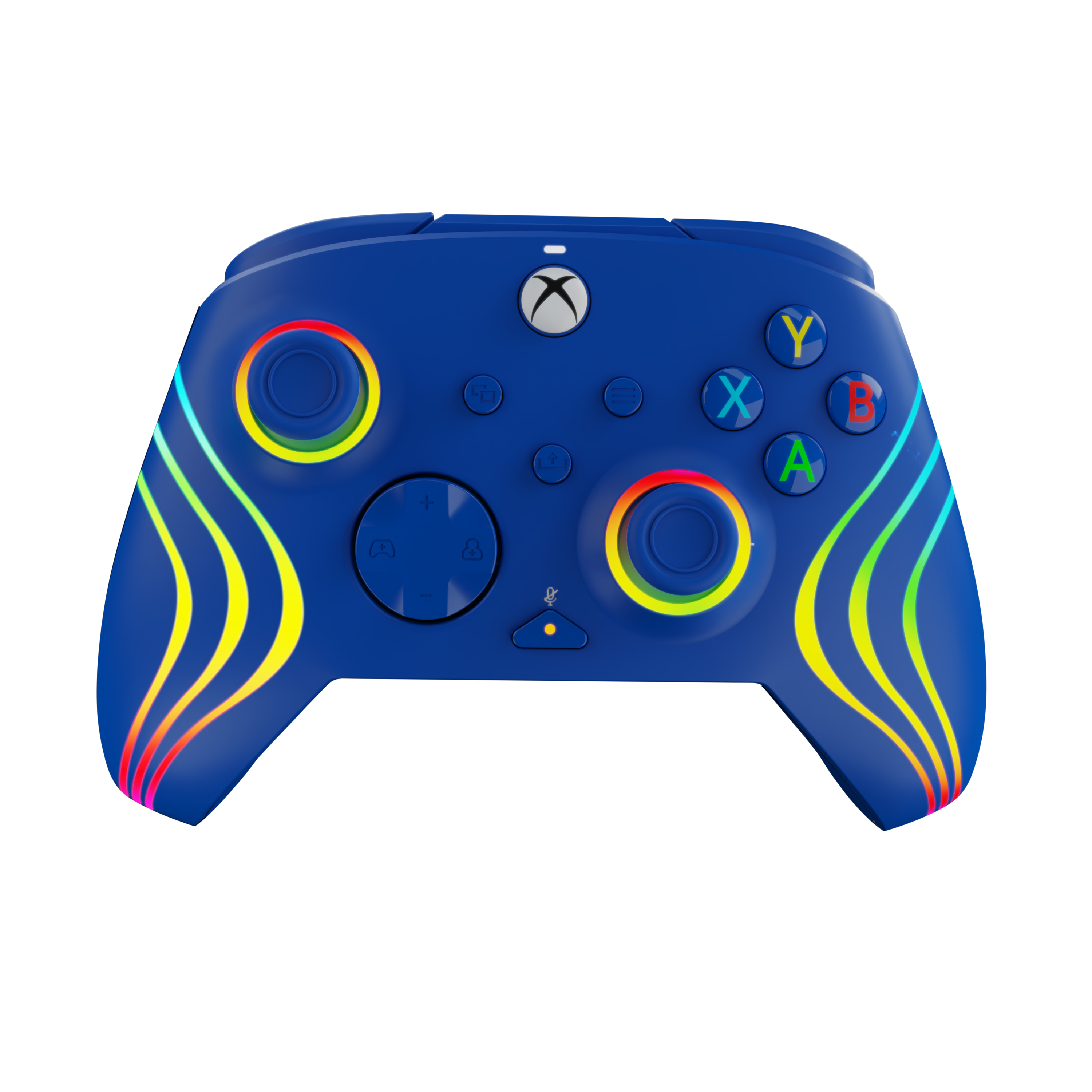 Niebieski kontroler Xbox z tęczowymi akcentami na białym tle.