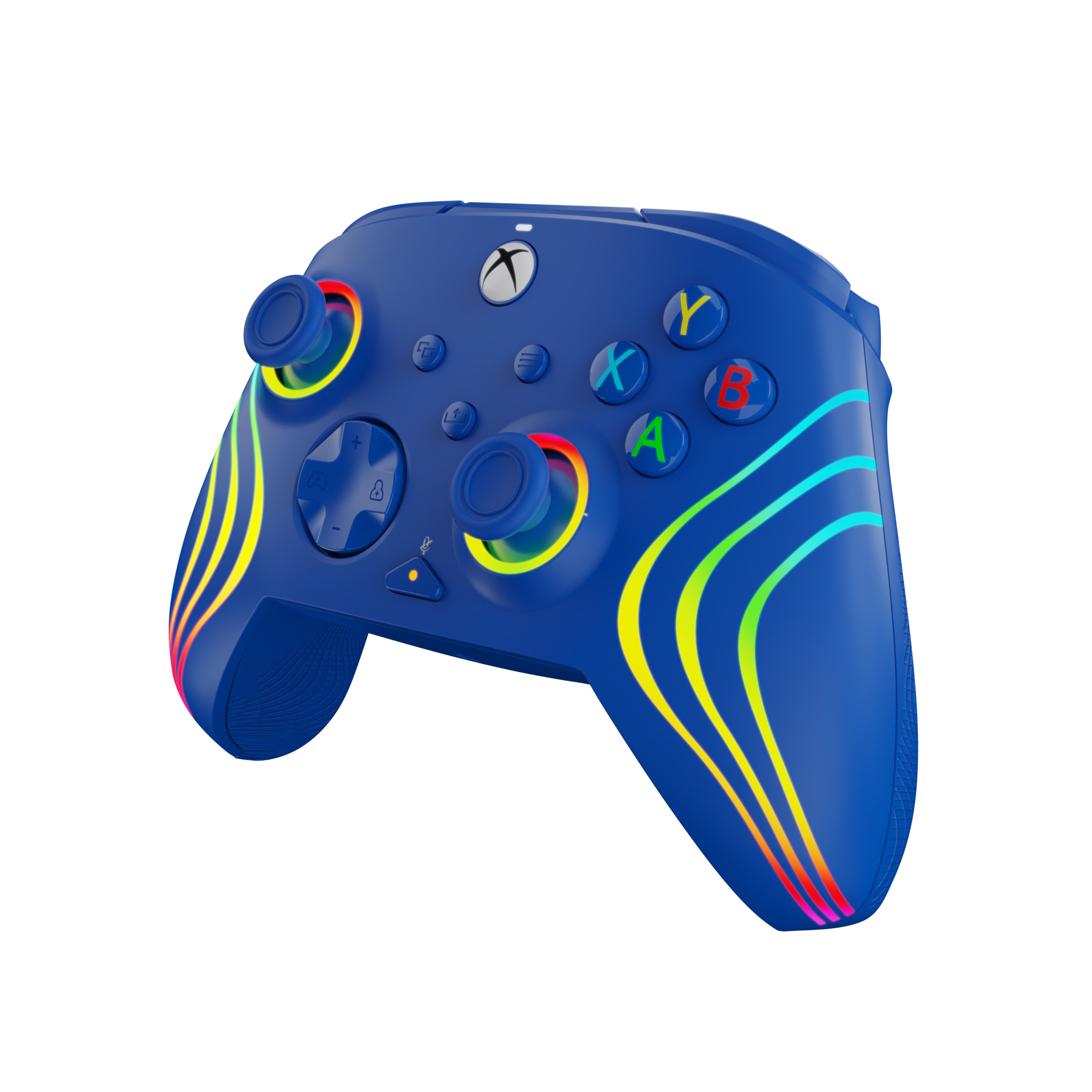 Niebieski kontroler Xbox z kolorowymi paskami i podświetlanymi przyciskami.