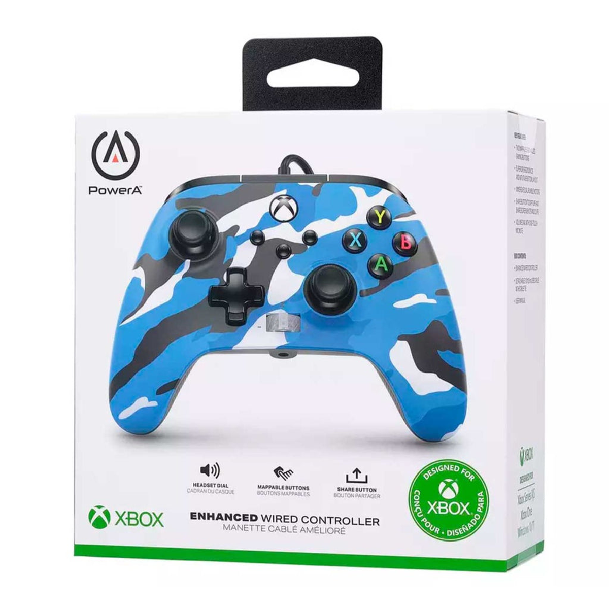 Kontroler Xbox z niebieskim kamuflażem na białym opakowaniu z logo.