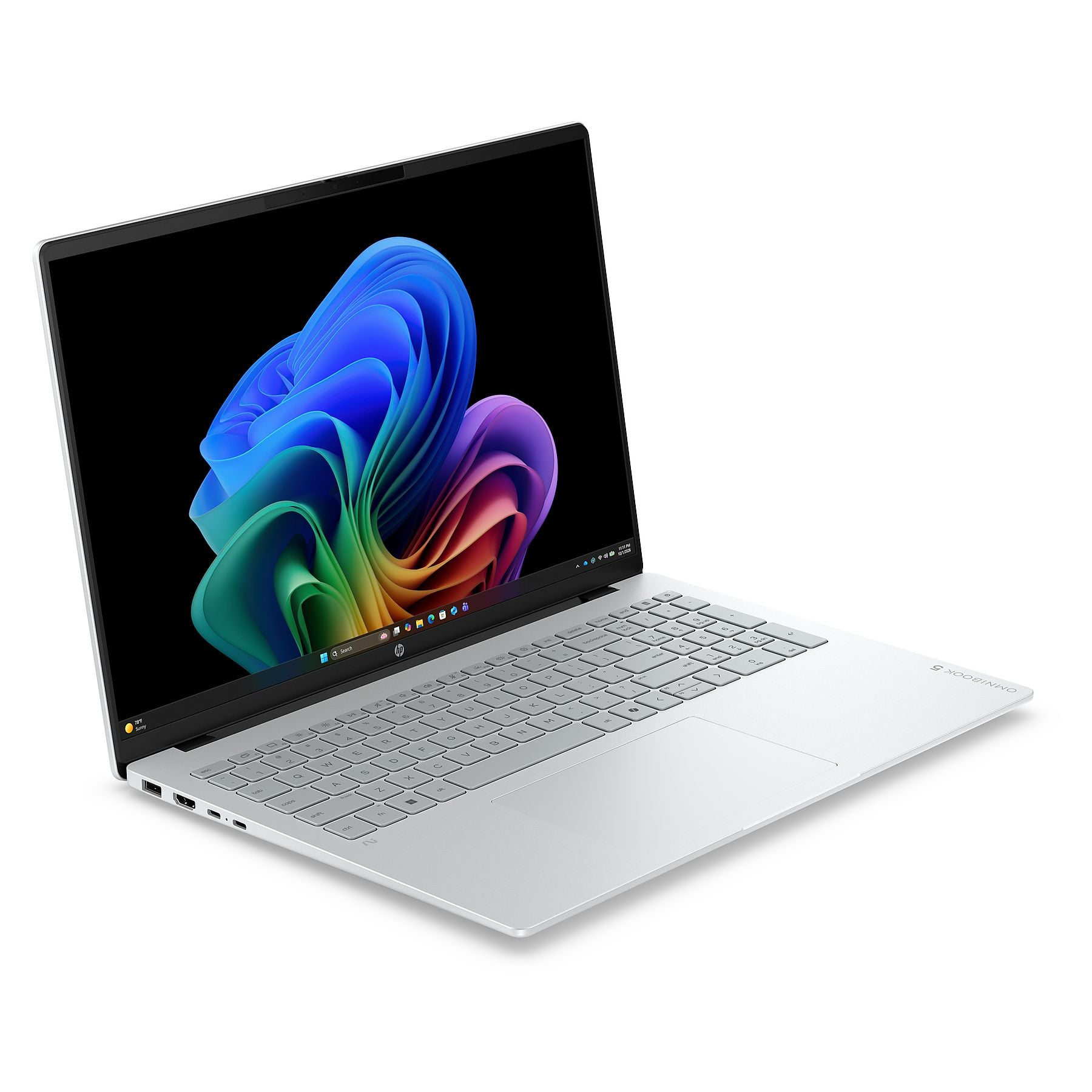 Un laptop bianco con uno sfondo colorato sullo schermo.
