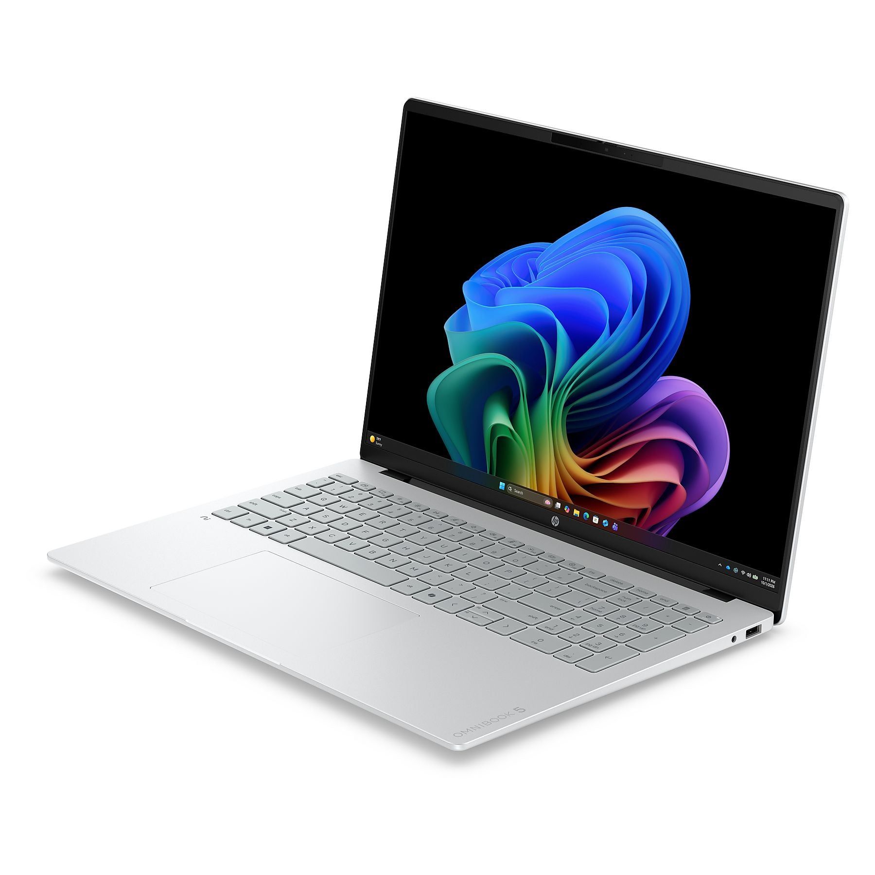 Un elegante laptop argento con tastiera retroilluminata e uno sfondo colorato.