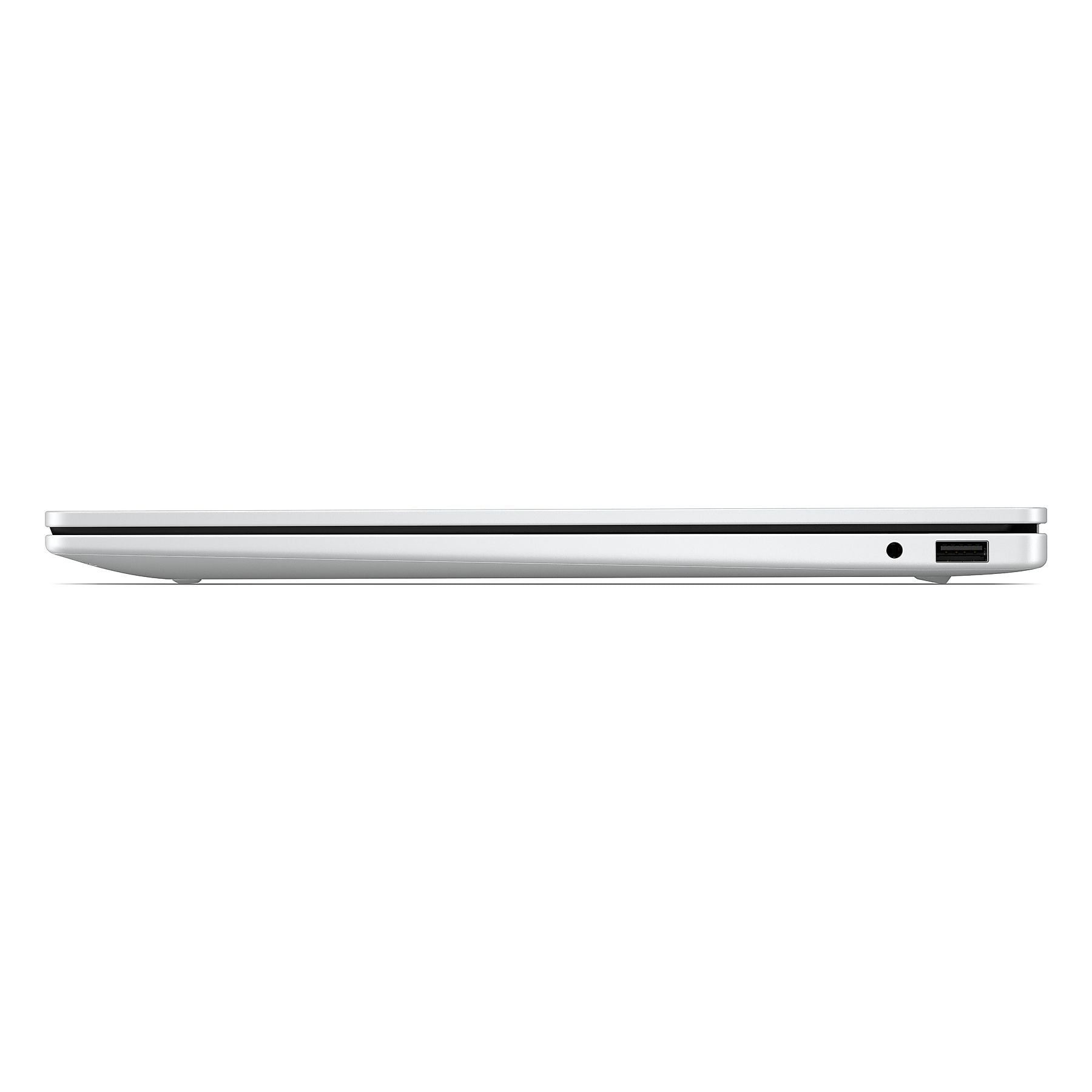 Scocca di laptop sottile e argentata che mostra una porta USB e un jack per cuffie.