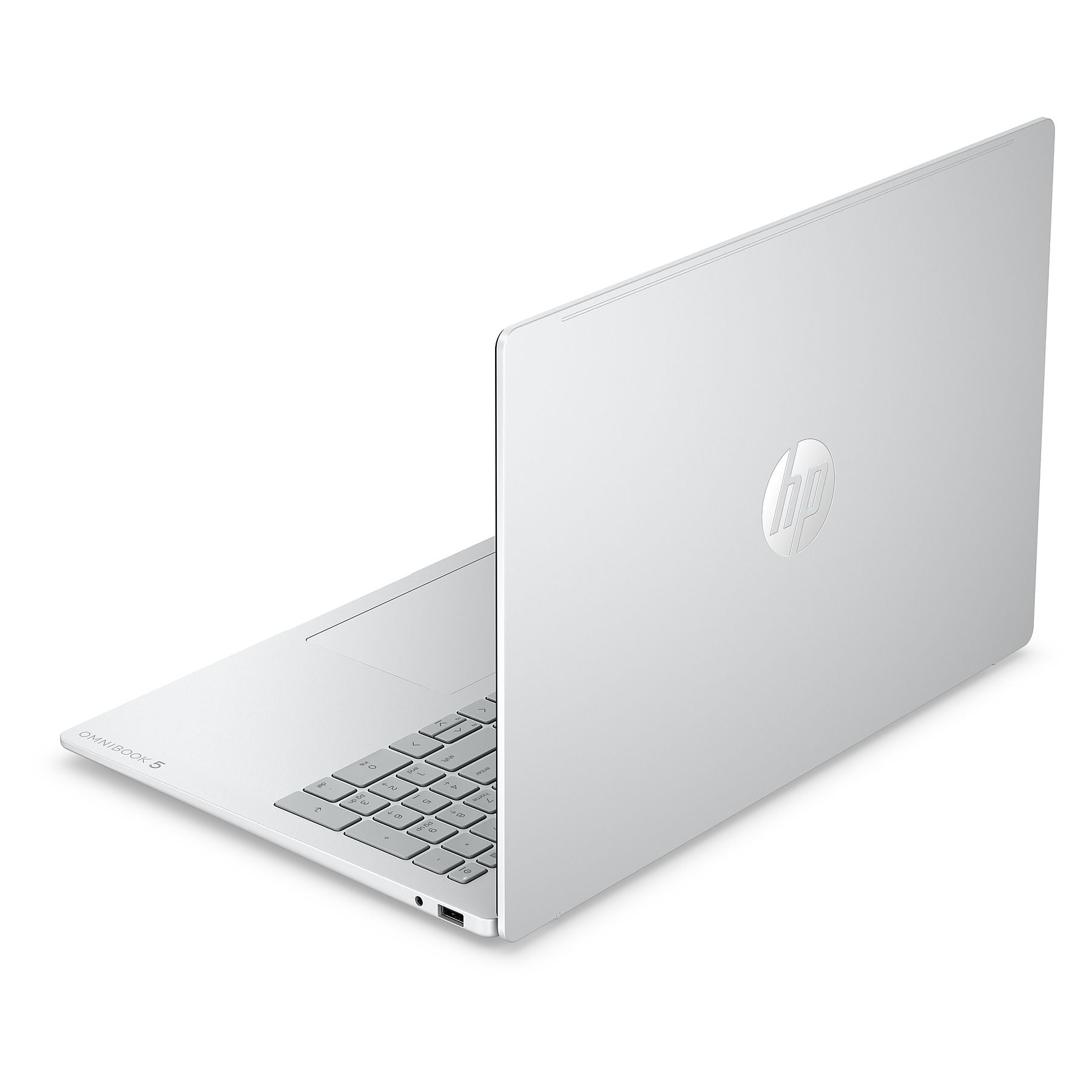 Un laptop HP Omnibook 5 argentato, mostrato di lato, con tastiera e logo HP.