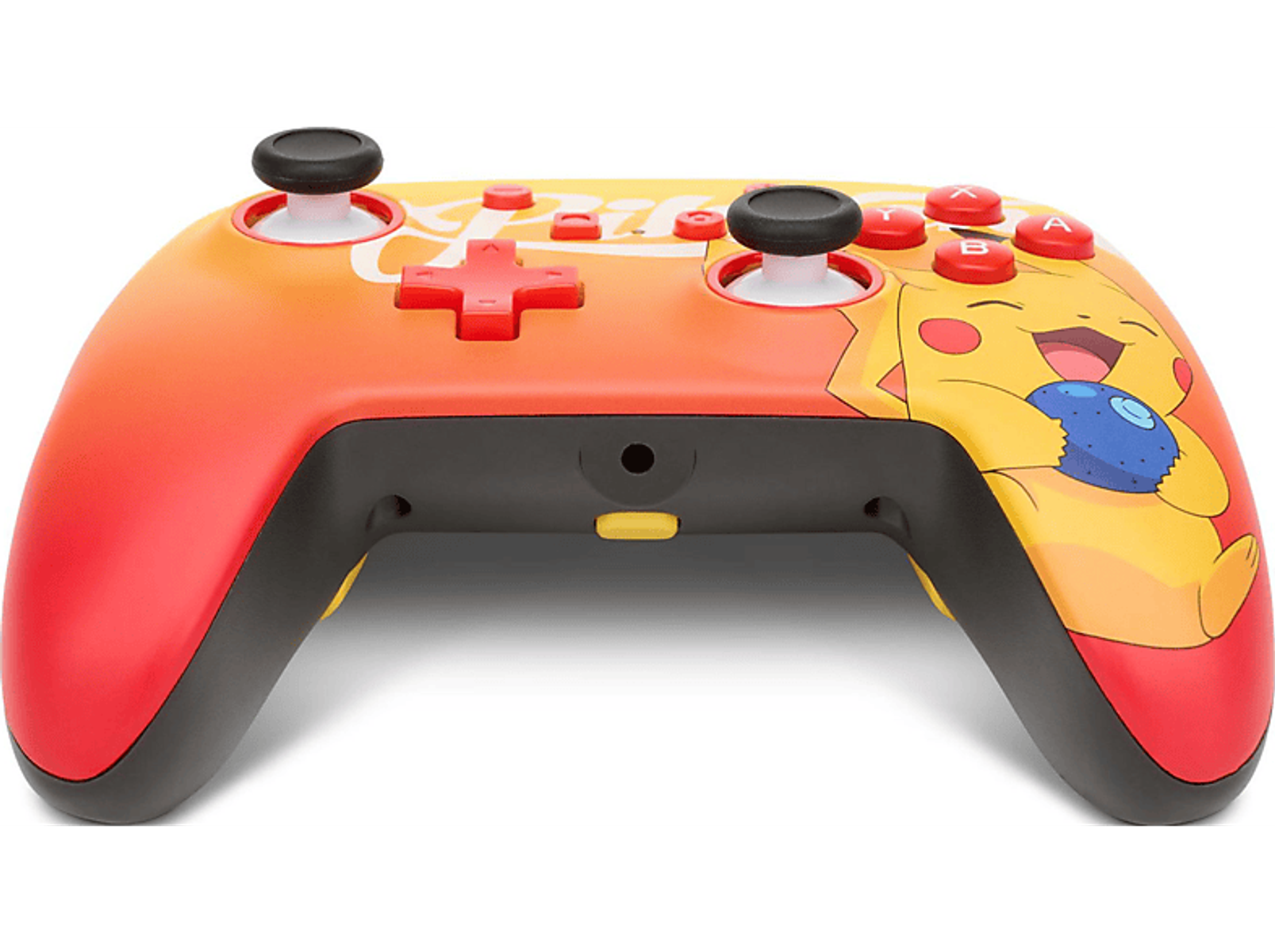 Ein Controller mit Pikachu, das eine Blaubeere isst, auf orangefarbenem Hintergrund.