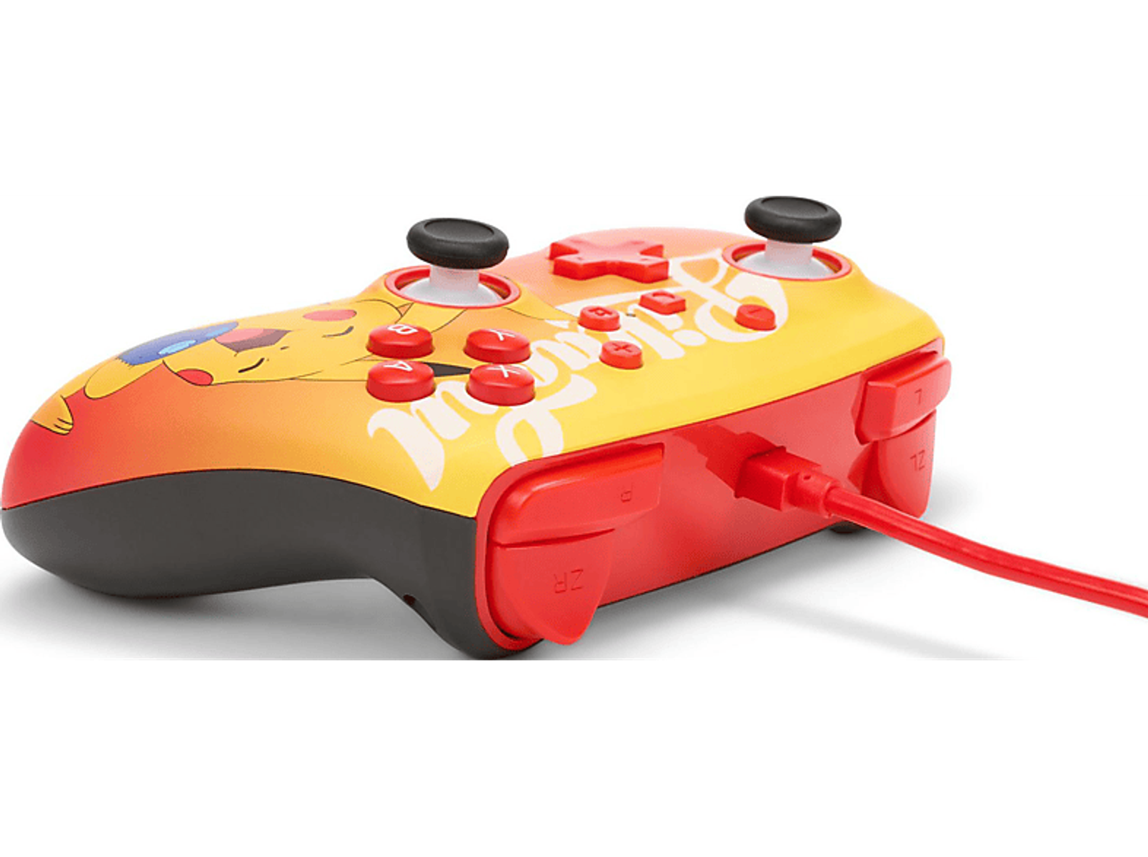 Ein roter und gelber Controller mit Pikachu-Design, mit rotem Kabel.