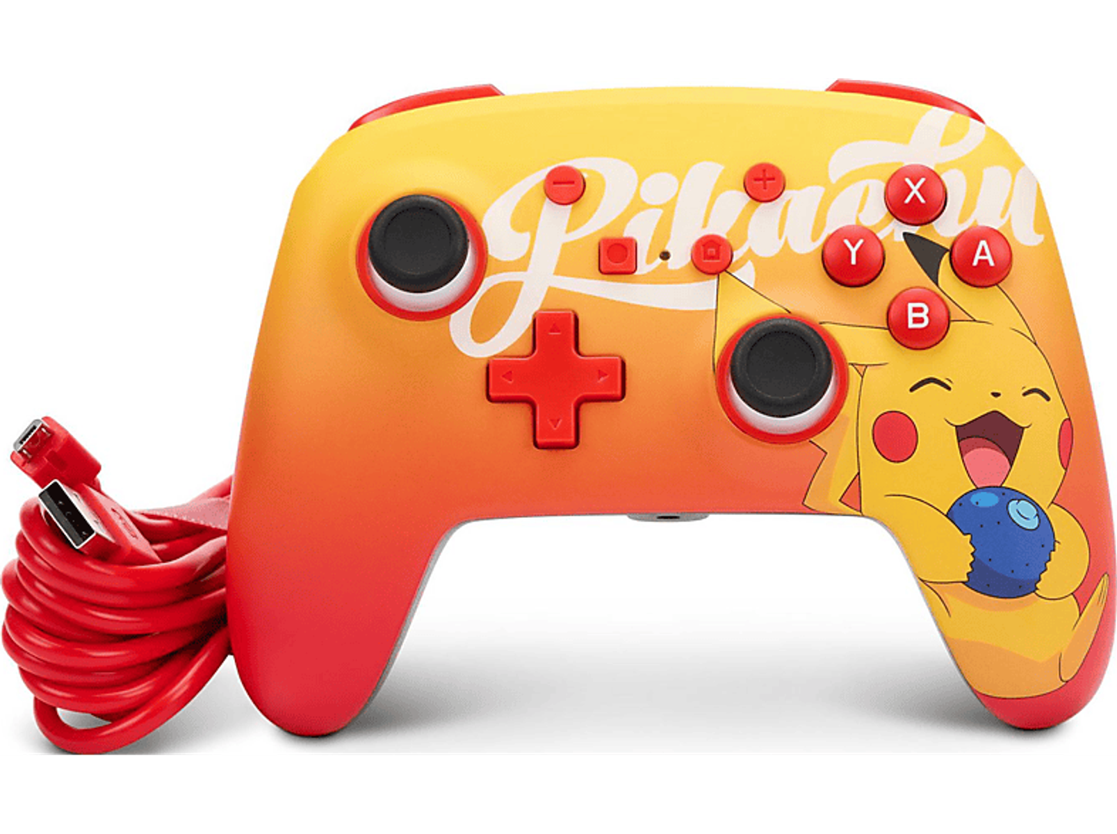 Ein gelber Controller mit Pikachu-Motiv und rotem Kabel.