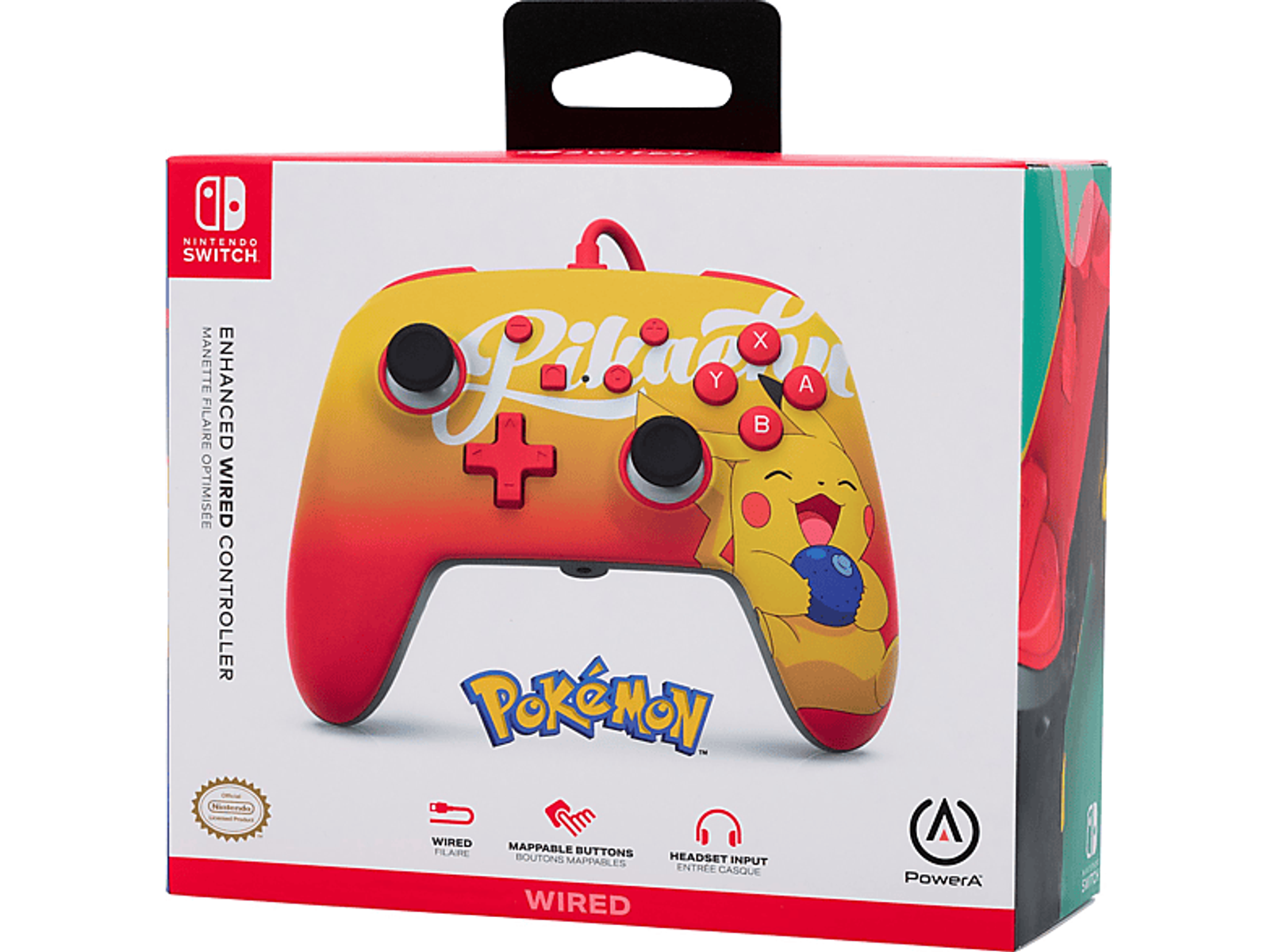 Ein Nintendo Switch Controller mit Pikachu-Design, gelb und rot, mit Pokémon-Logo.