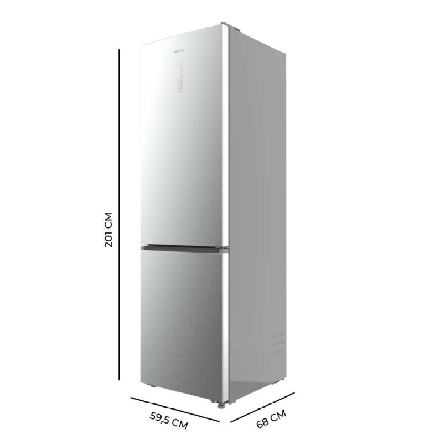 Un frigorífico vertical plateado y elegante con controles digitales y dimensiones visibles.