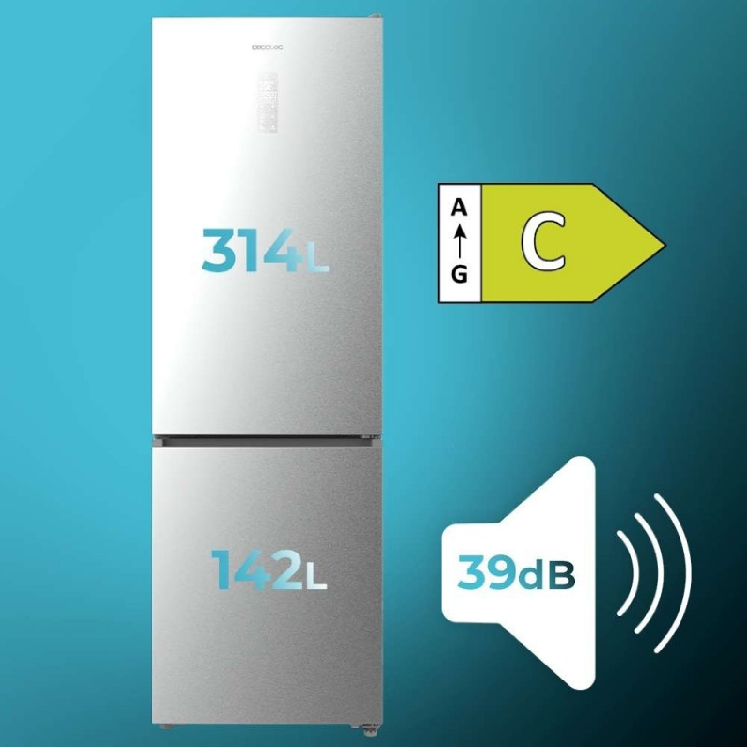 Un frigorífico plateado de 314L y 142L, eficiencia energética C, 39dB.