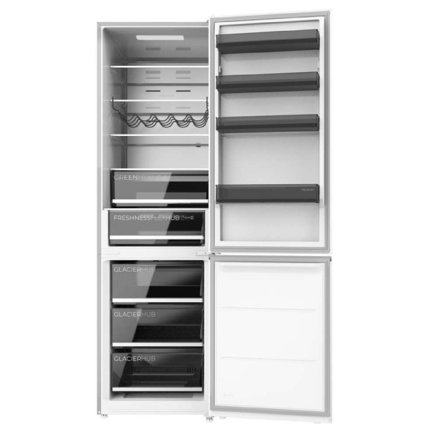 Refrigerador blanco abierto con estantes y cajones. Lado izquierdo con GREENHUB, FRESHNESSFLEXHUB, 3 GLACIERHUBS.
