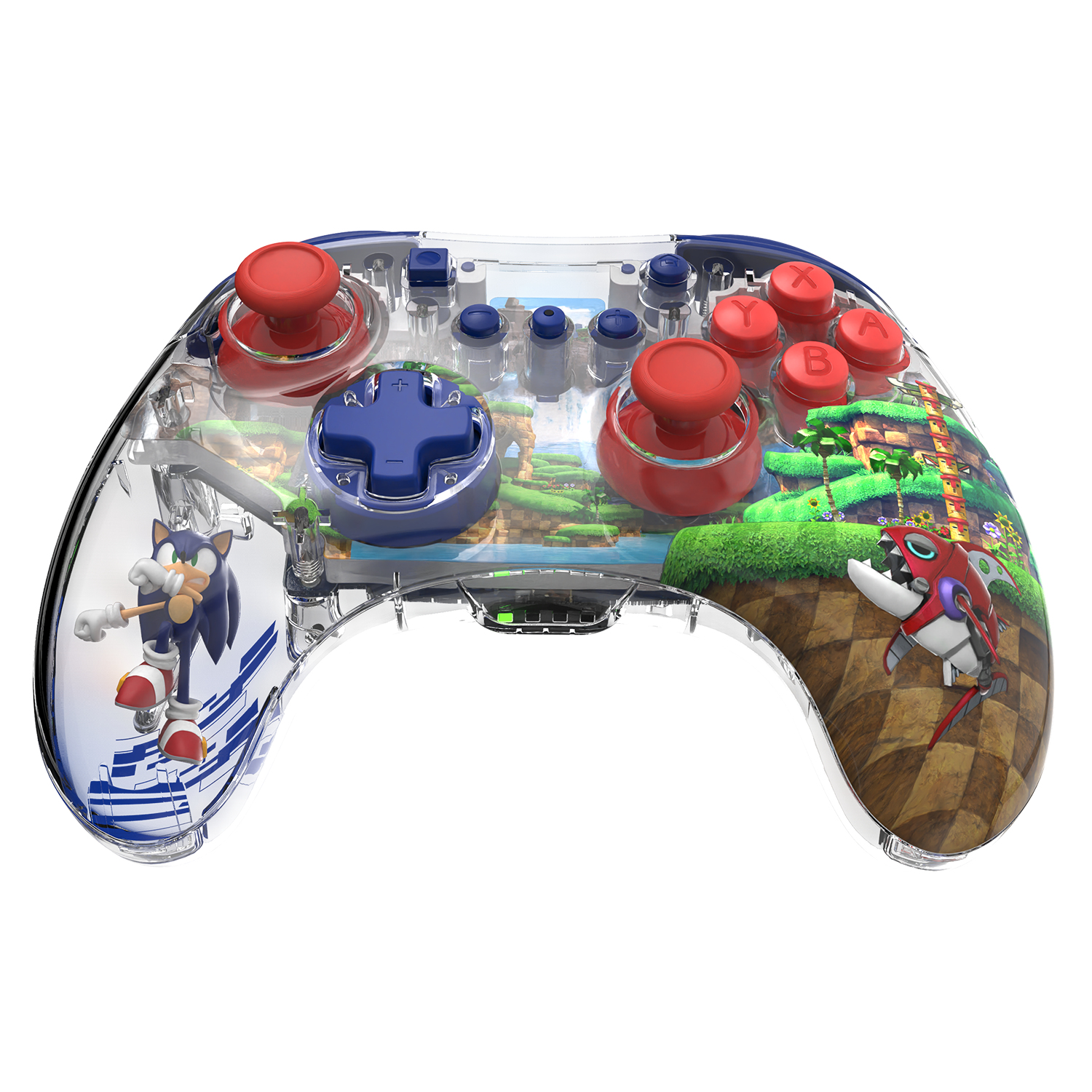 Ein transparenter Controller mit Sonic-Motiv, rot-blauen Tasten und Joysticks.