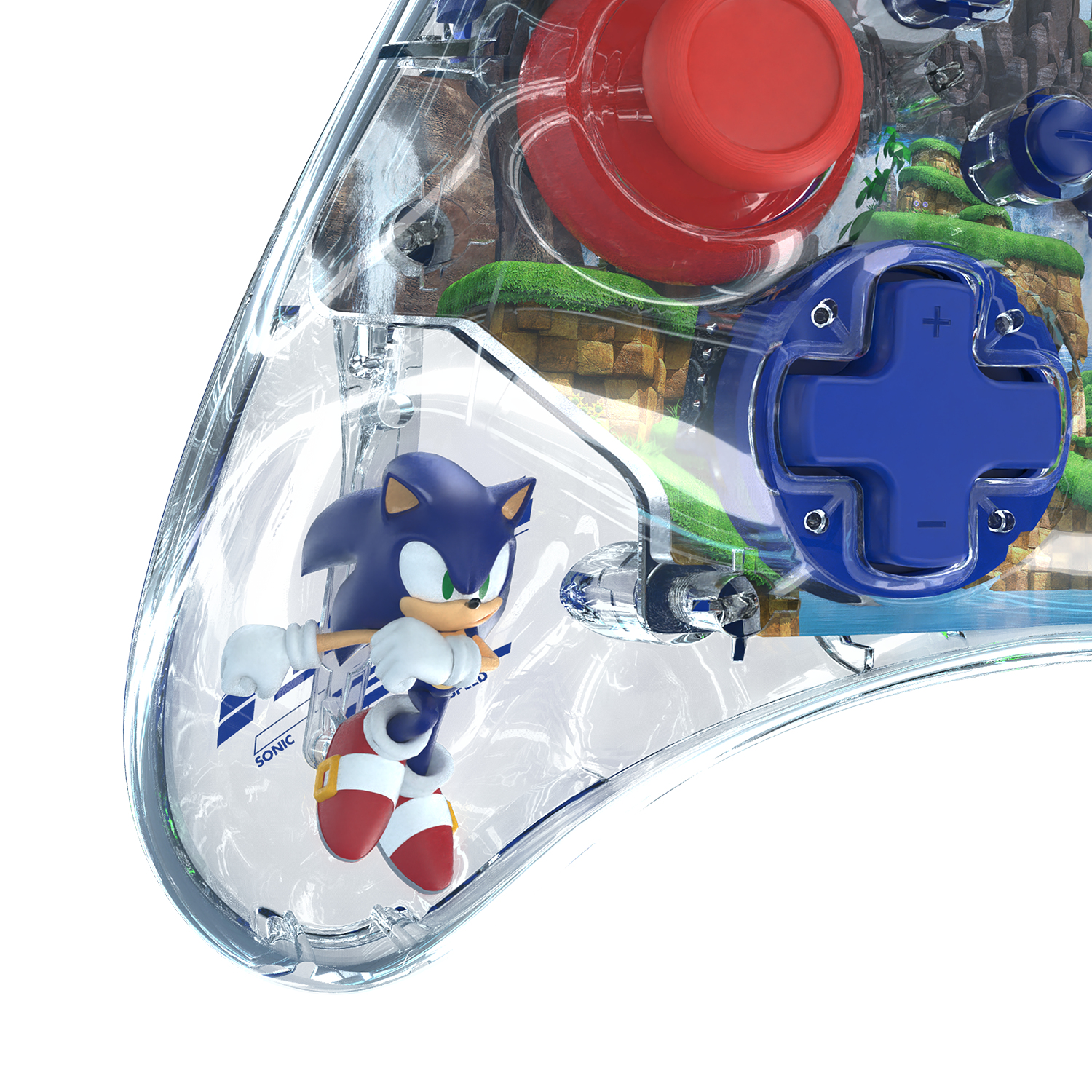 Transparenter Controller mit Sonic, blauer D-Pad, rotem Stick und grüner Landschaft.
