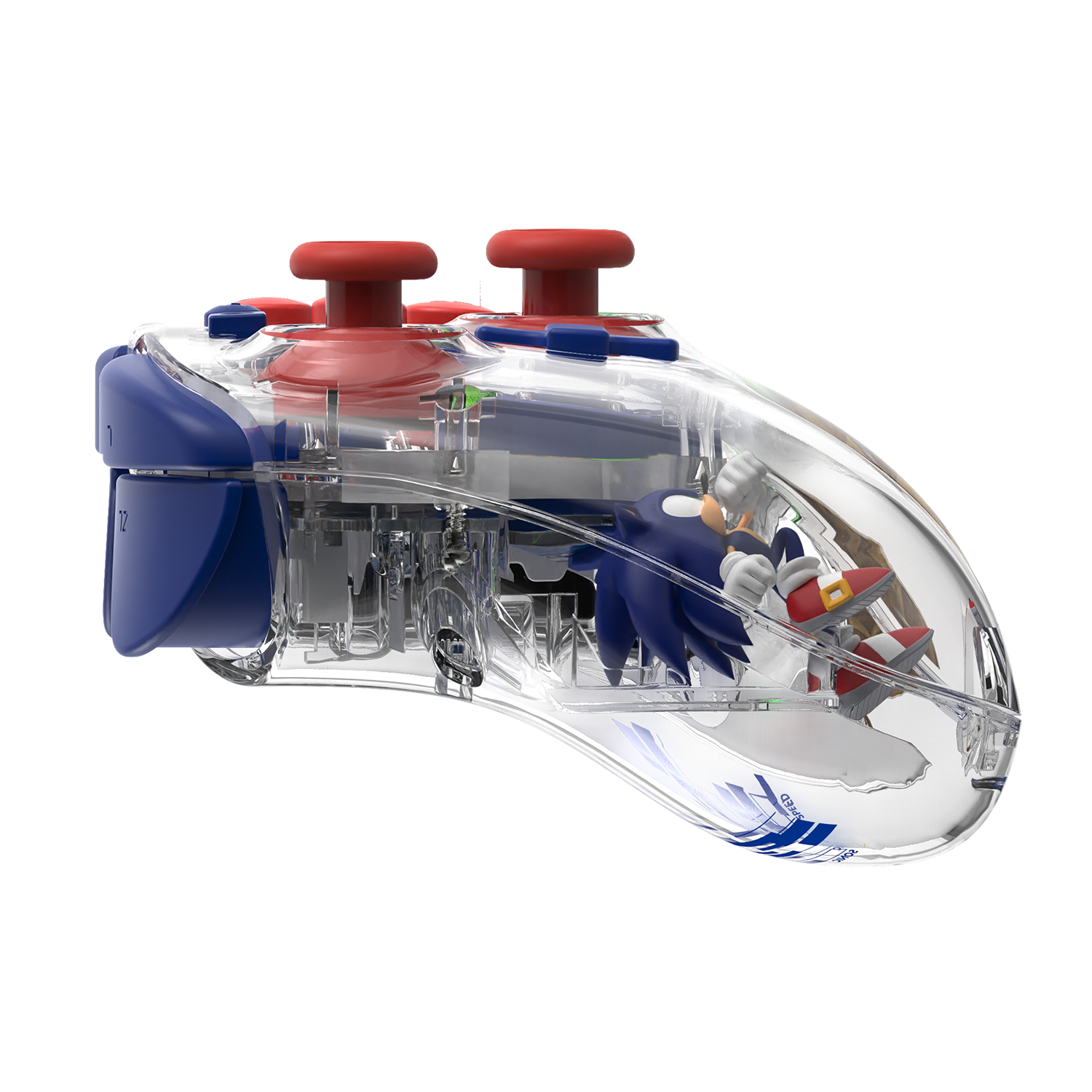 Transparenter Controller mit Sonic the Hedgehog Figur im Inneren. Blaue Griffe, rote Knöpfe.
