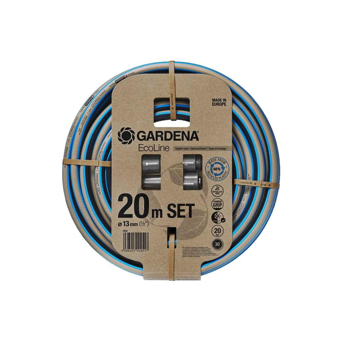 Un set di tubo da giardino Gardena EcoLine da 20m, diametro 13mm, in plastica riciclata.