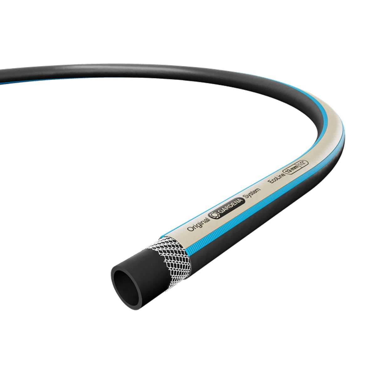 Un tubo da giardino nero con strisce blu e bianche, su sfondo bianco.