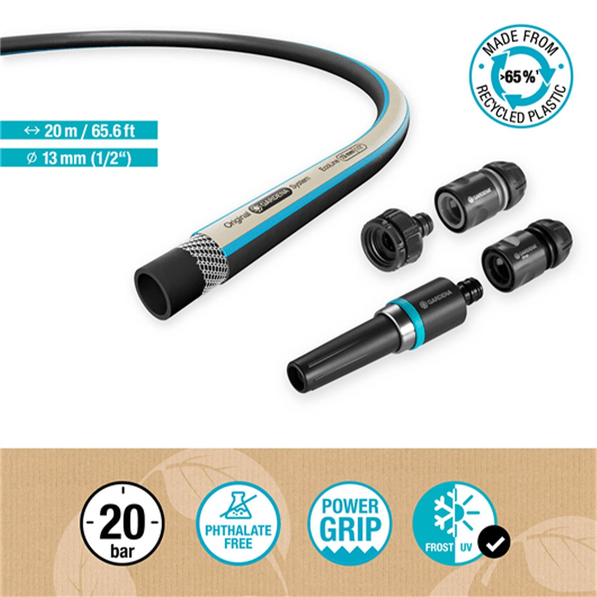 Tubo da giardino con raccordi, lungo 20m, diametro 13mm, in plastica riciclata.