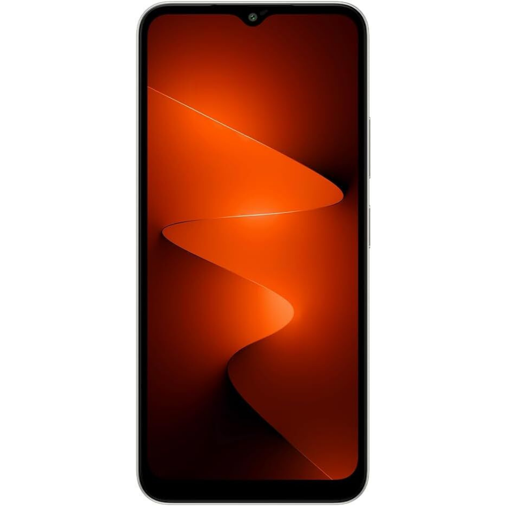 Ekranın üstünde küçük bir çentik bulunan, turuncu soyut arka planlı bir akıllı telefon.