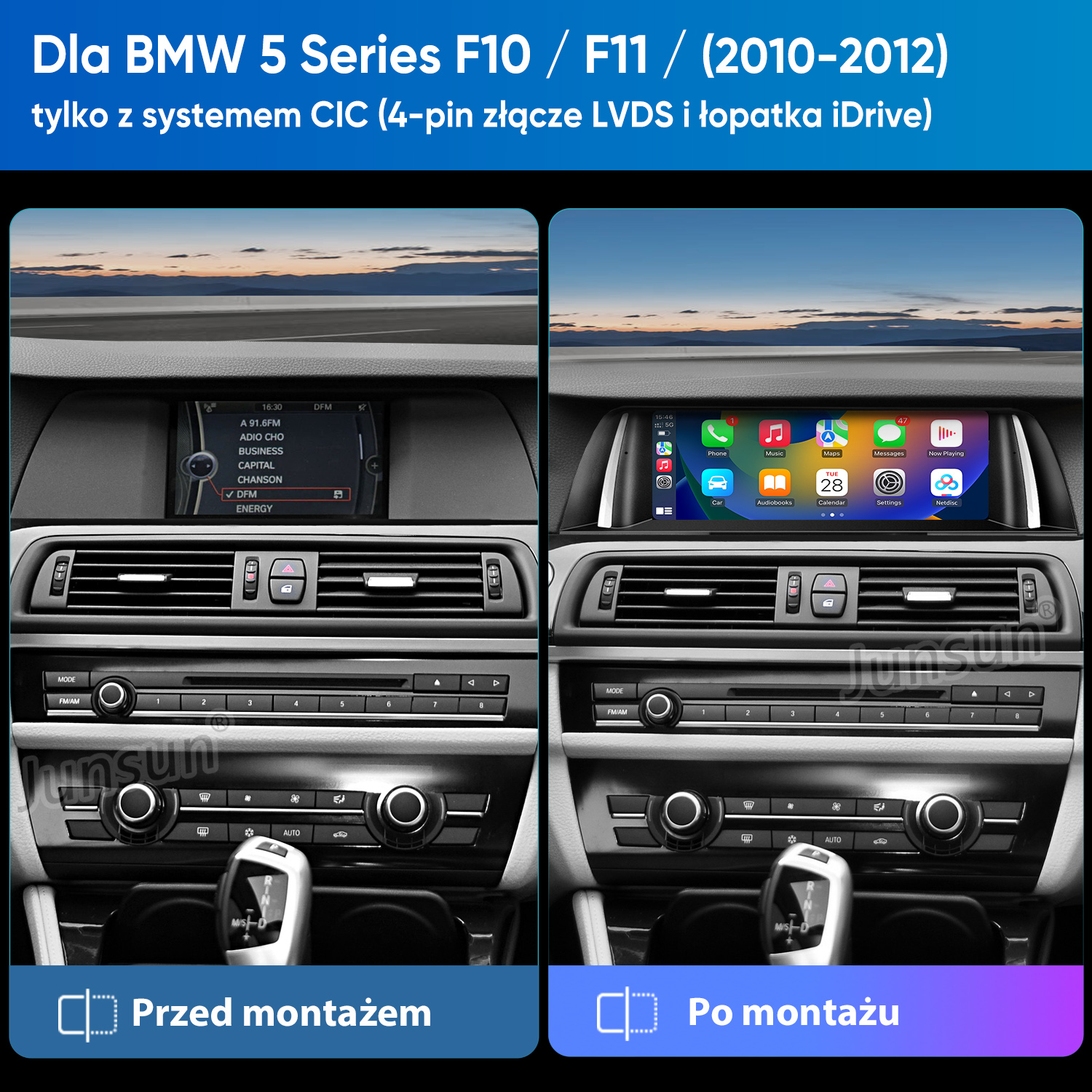Porównanie wyświetlacza BMW: stary system po lewej, Apple CarPlay po prawej. Przed/po.
