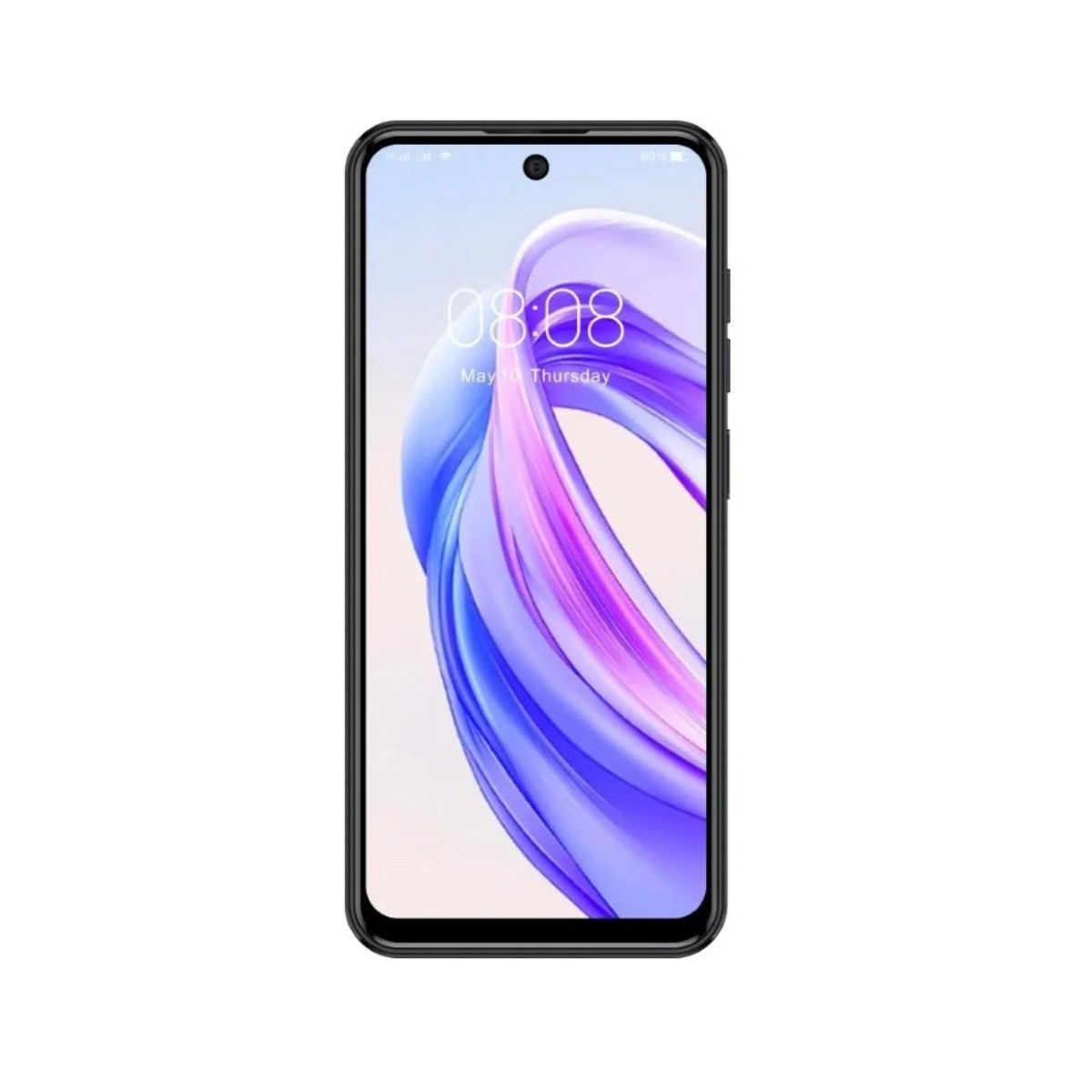 Uno smartphone nero mostra 08:08 su uno sfondo astratto colorato.