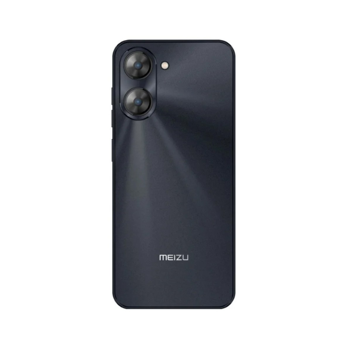 Smartphone grigio scuro con doppia fotocamera e logo Meizu sul retro.