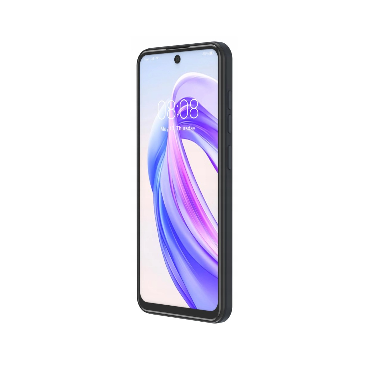 Uno smartphone nero che visualizza uno sfondo colorato sul suo schermo.