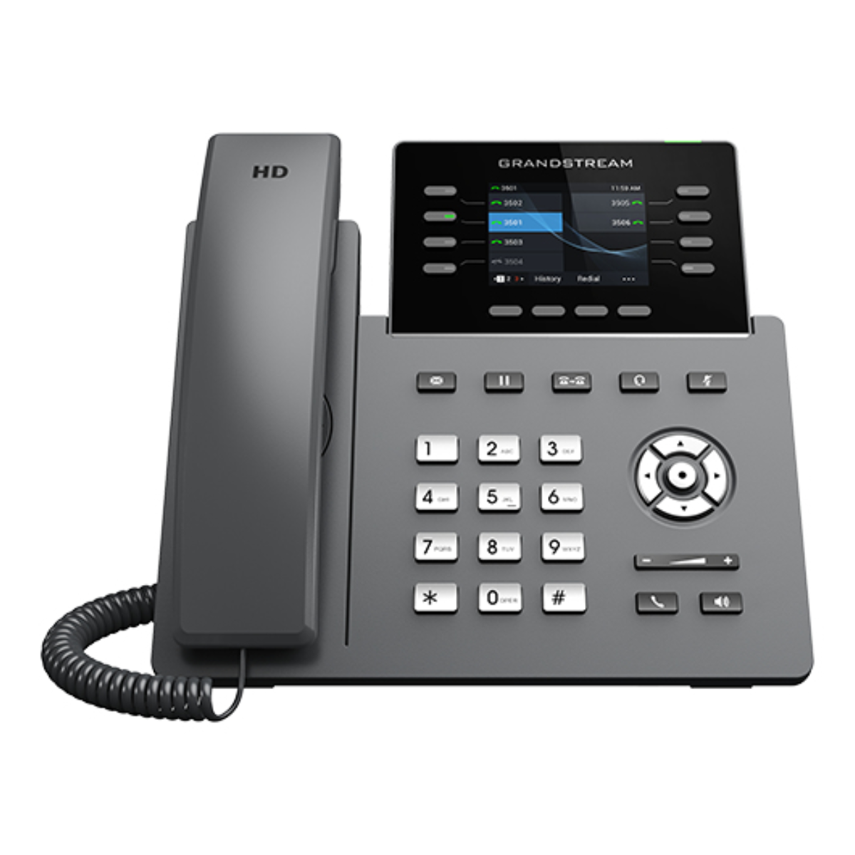 Un telefono da scrivania Grandstream HD grigio con cornetta, schermo a colori e tastiera.