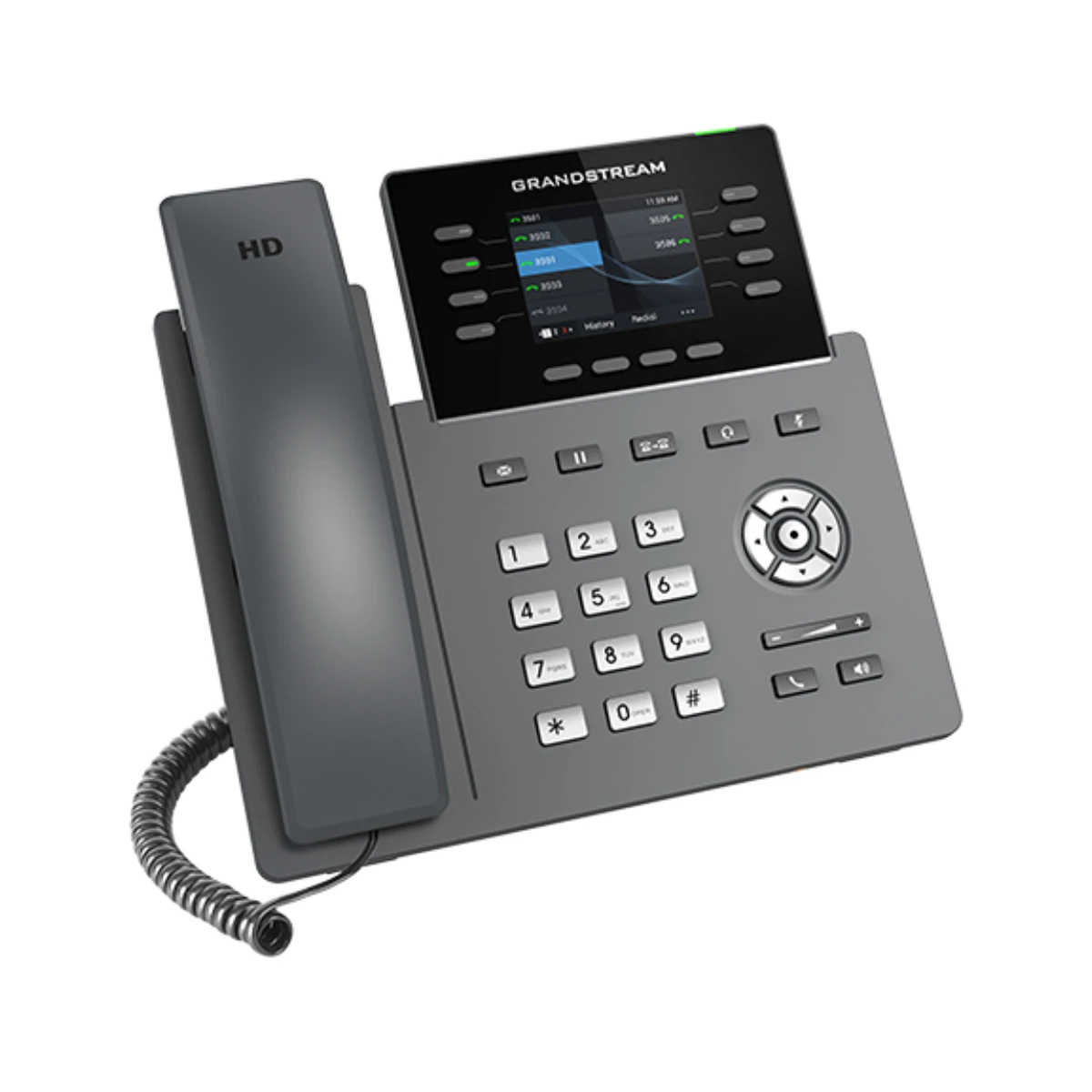 Un telefono da scrivania Grandstream grigio con cornetta HD e tastierino numerico.
