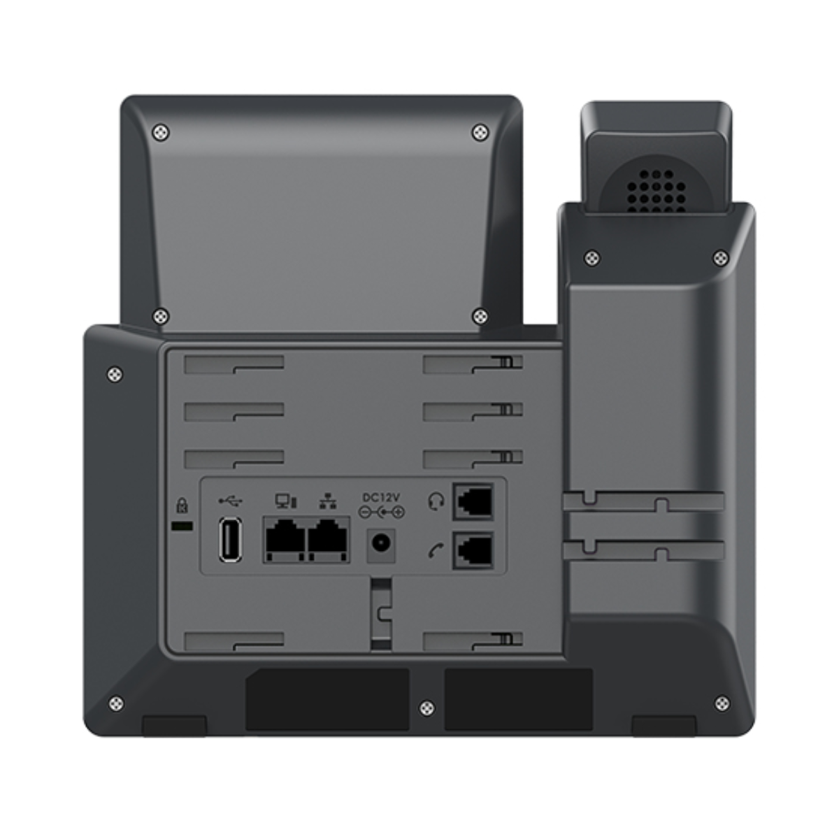 Vista posteriore di un telefono da scrivania grigio che mostra le porte: USB, Ethernet, DC12V, cuffie e telefono.
