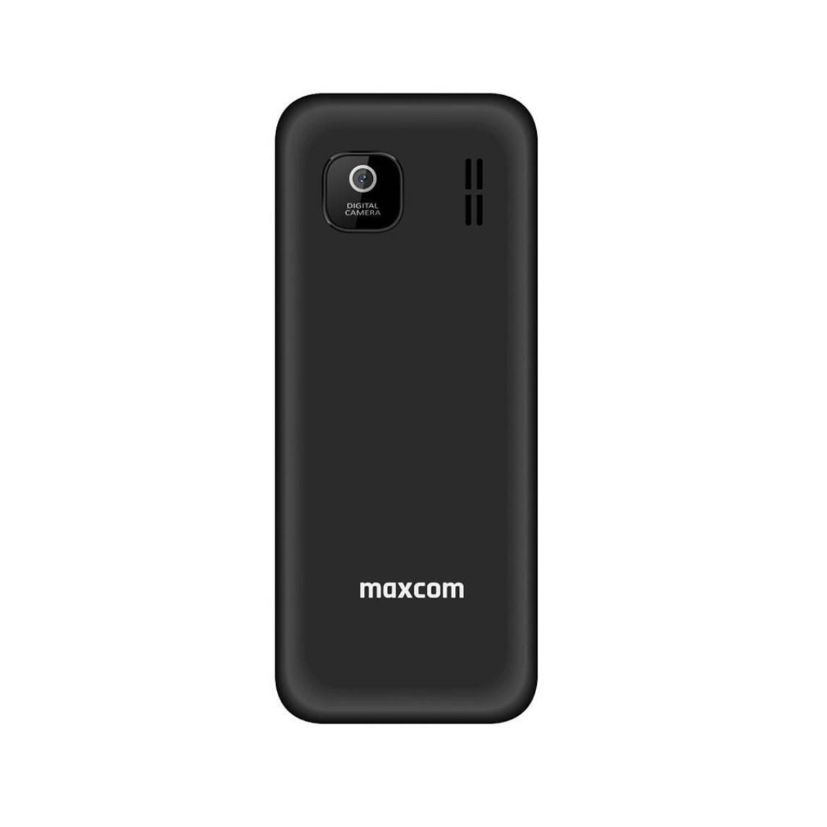 Retro di un telefono Maxcom nero con fotocamera e logo.