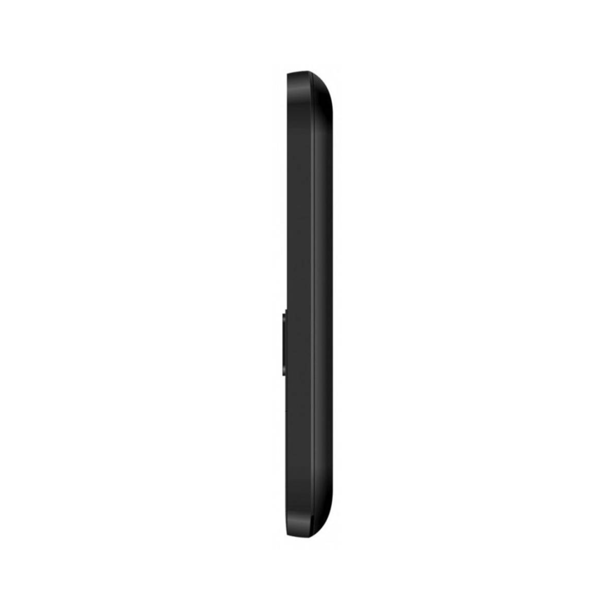 Smartphone nero di profilo su sfondo bianco.