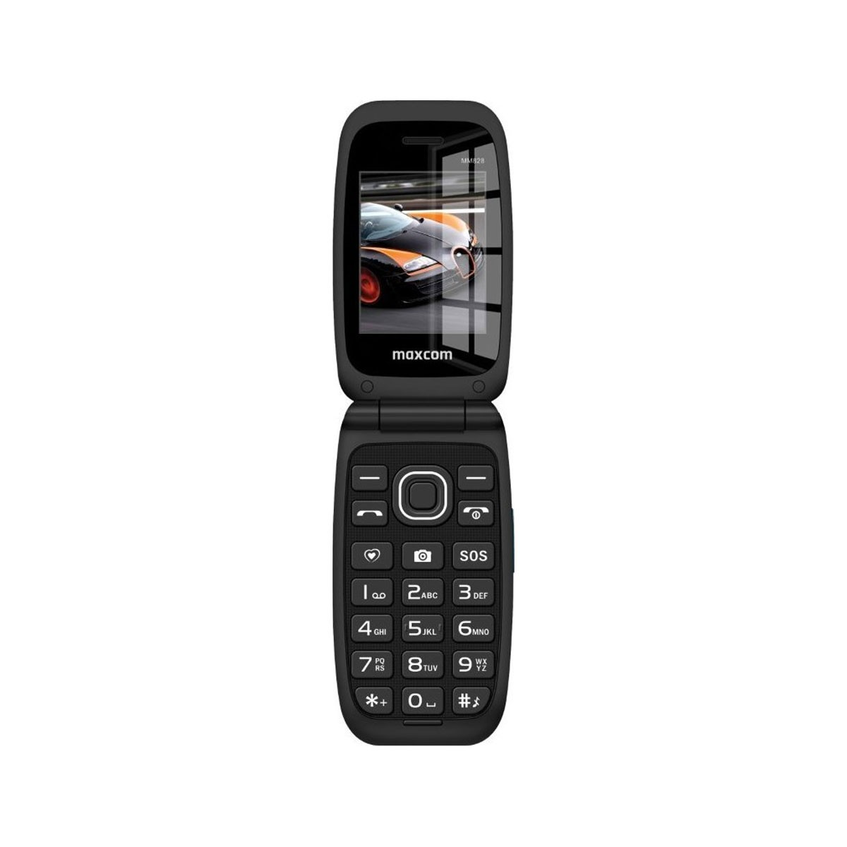Un telefono flip Maxcom nero che visualizza un'auto arancione sul suo schermo.
