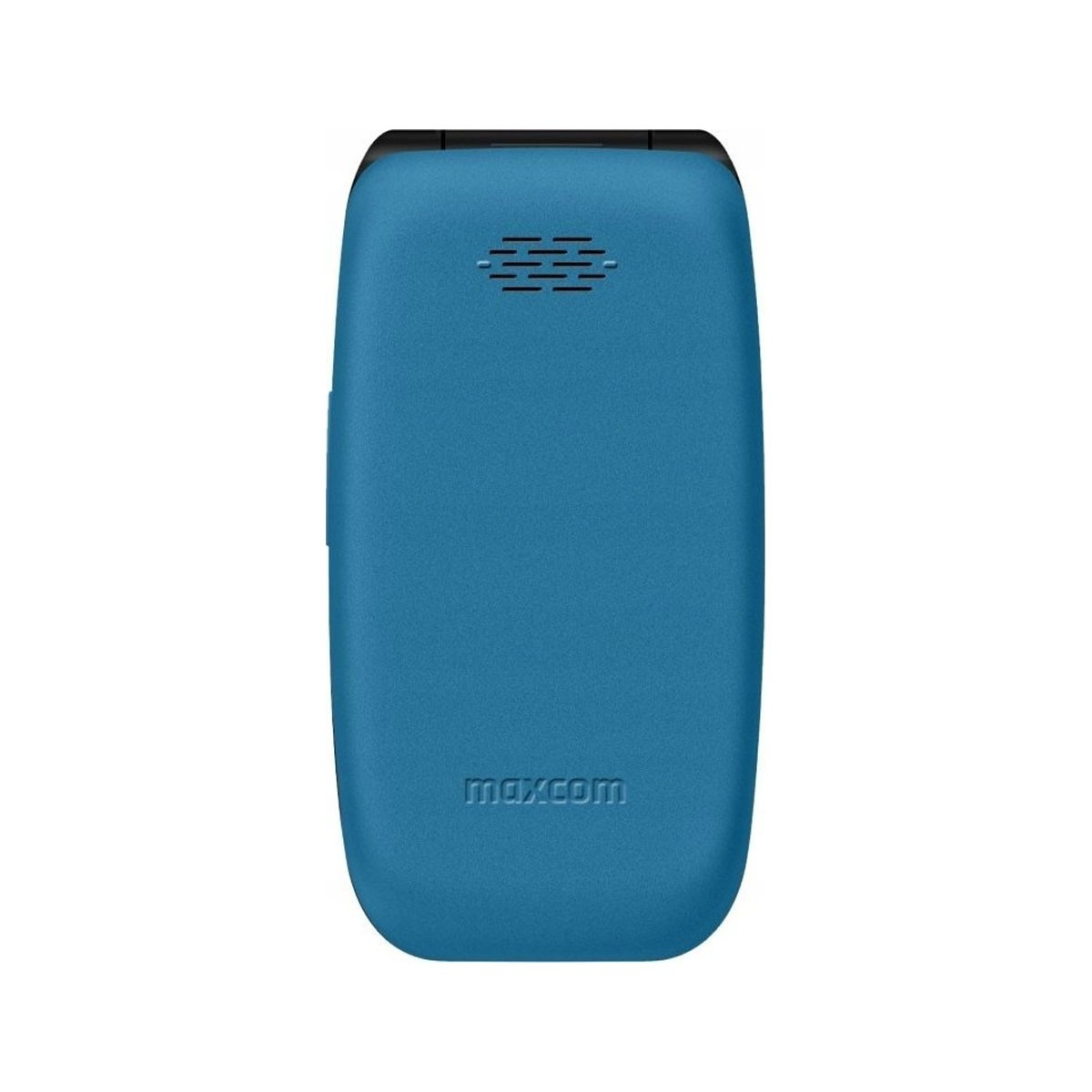 Retro di un telefono Maxcom blu con griglia dell'altoparlante e logo.