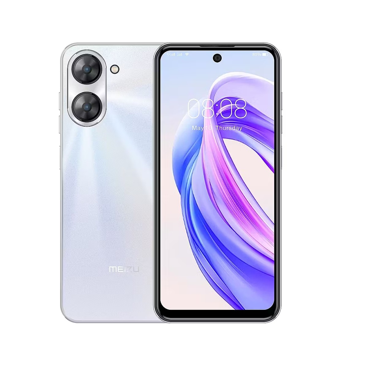 Uno smartphone bianco con doppia fotocamera posteriore e schermo colorato che mostra l'ora.