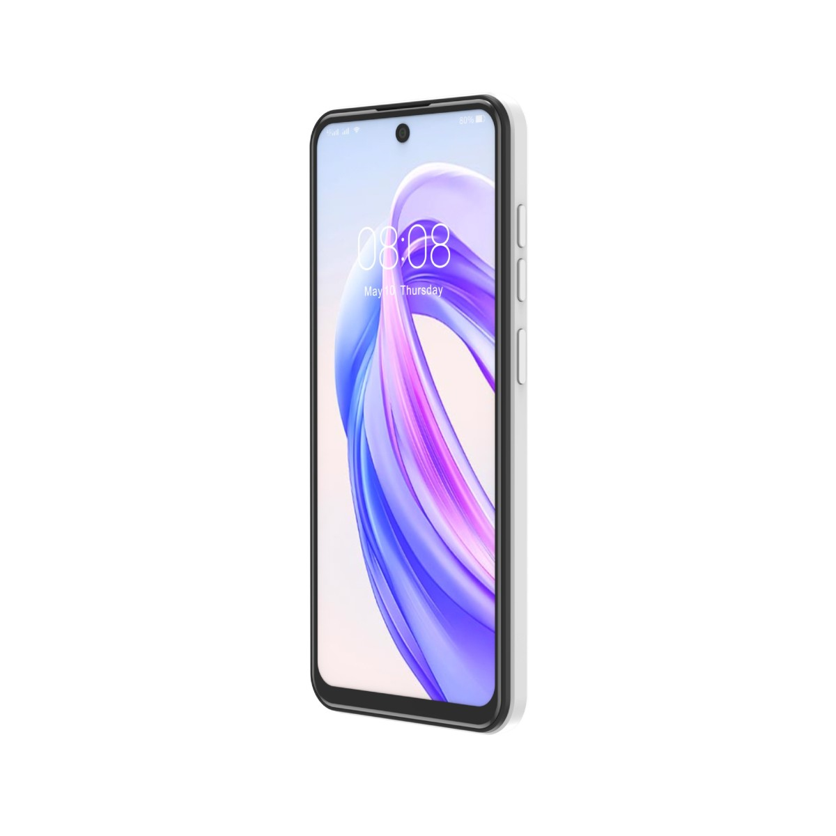 Uno smartphone bianco con cornice nera, che visualizza uno sfondo colorato sul suo schermo.