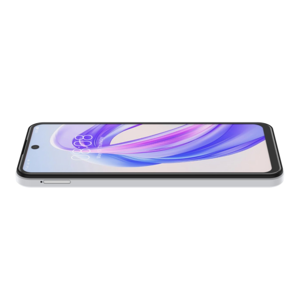 Uno smartphone argentato con uno sfondo colorato sul suo schermo, su sfondo bianco.