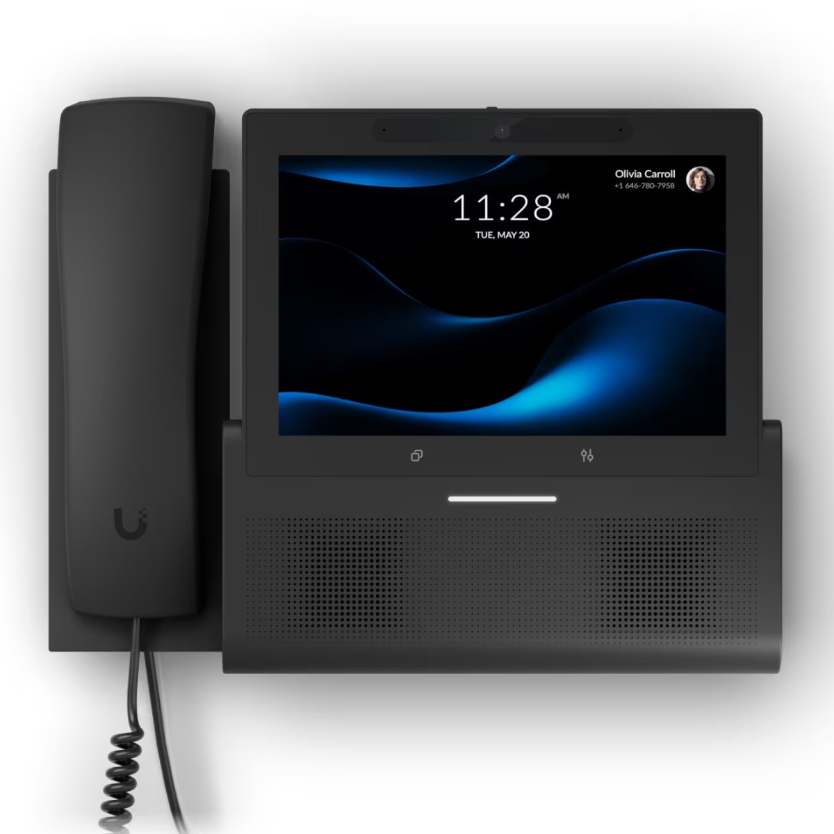 Un telefono per videoconferenze nero con cornetta a sinistra e schermo con orario.