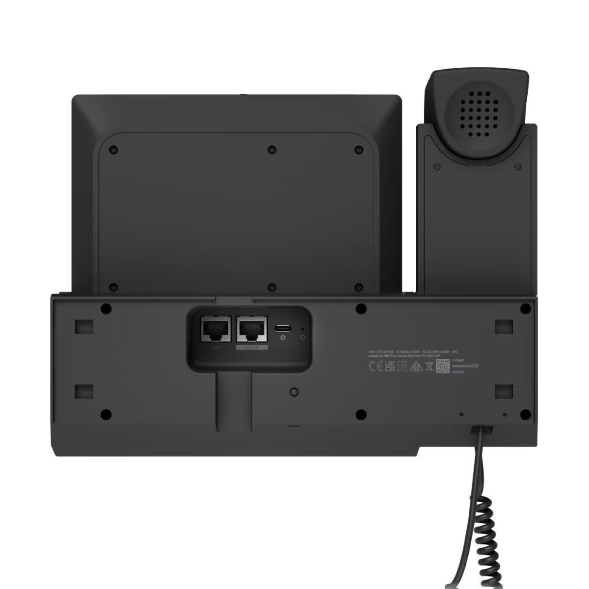 Vista posteriore di un telefono da scrivania nero con porta di ricarica, porte Ethernet e cornetta.