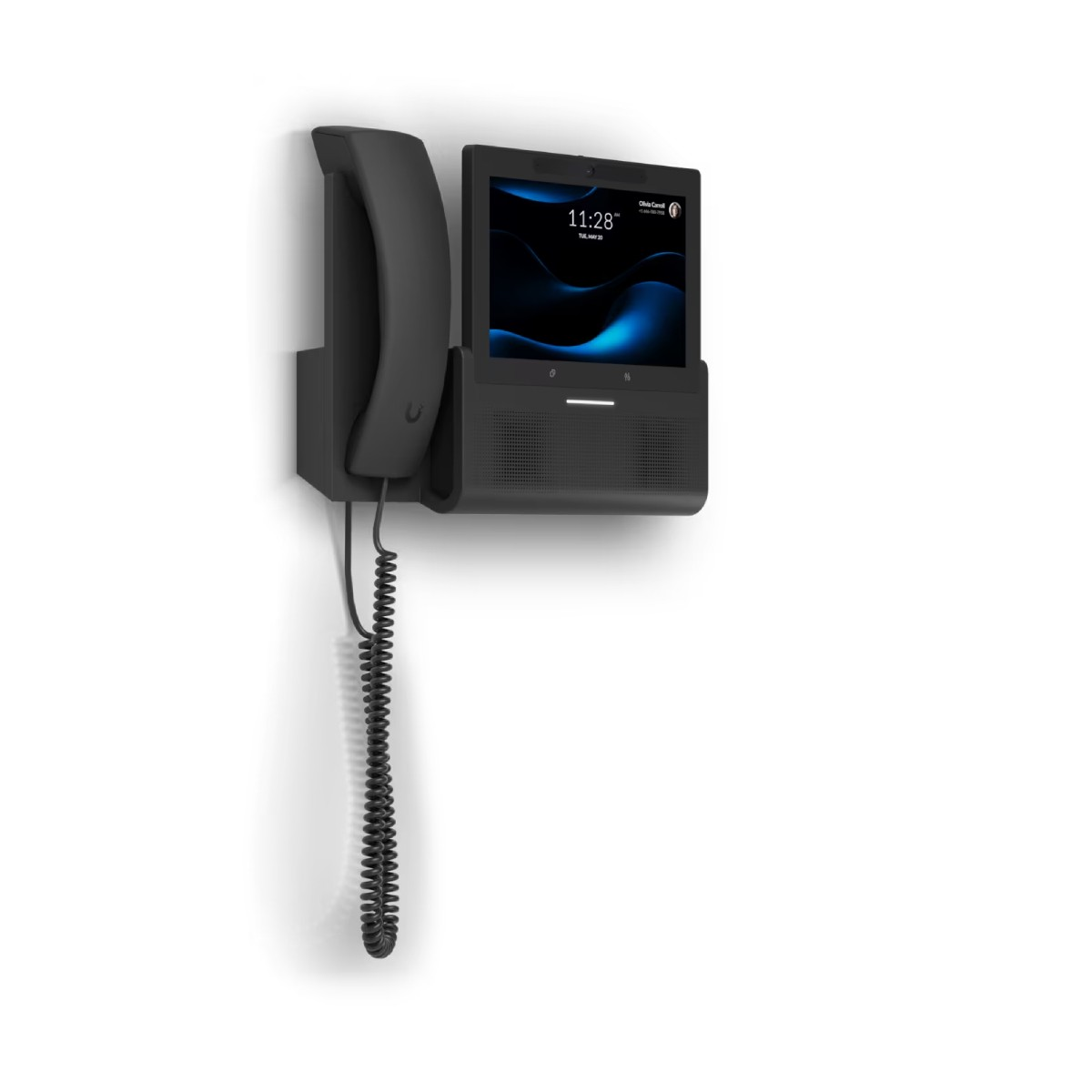 Un telefono da parete nero con display touchscreen che mostra un orologio e una grafica di sfondo blu ondulata.