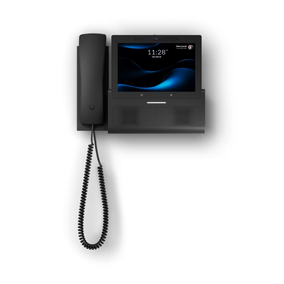 Un telefono nero da parete con touchscreen che mostra l'ora.