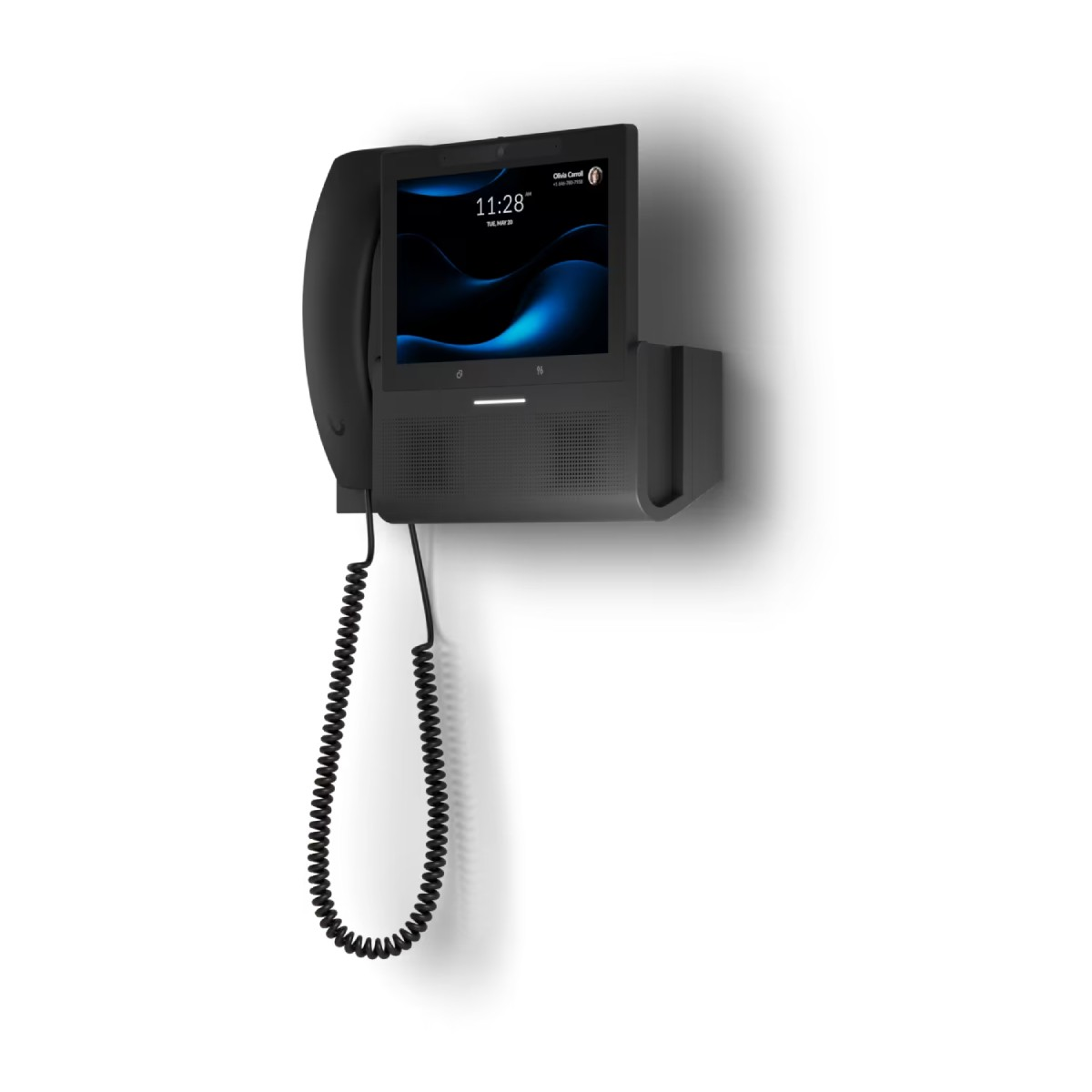 Un telefono nero da parete con schermo che mostra le 11:28.