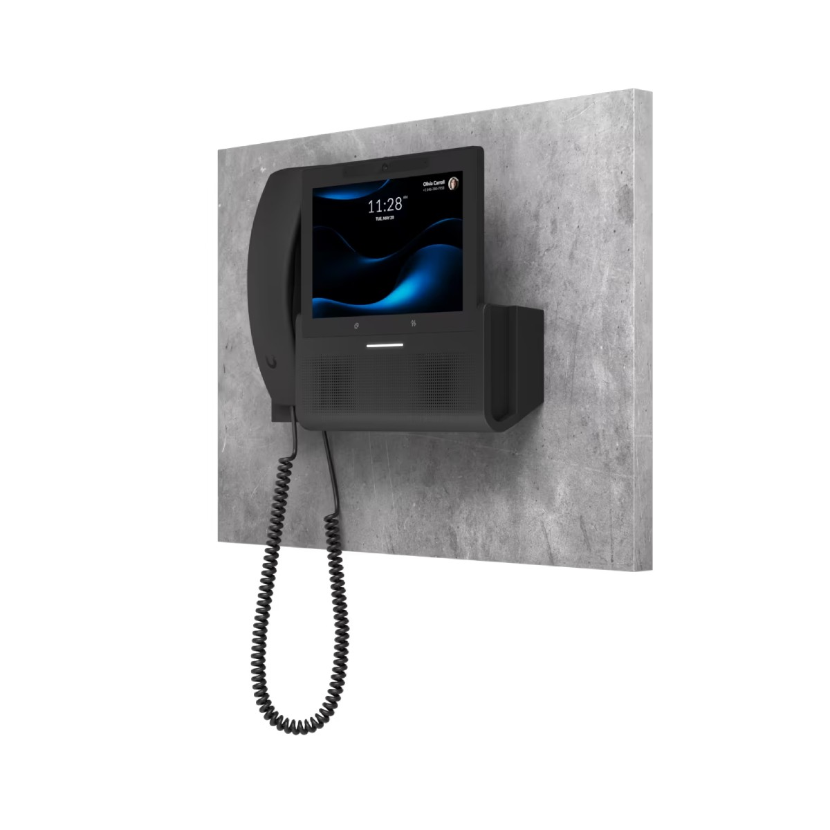 Un telefono nero da parete con schermo e altoparlante su un muro di cemento.