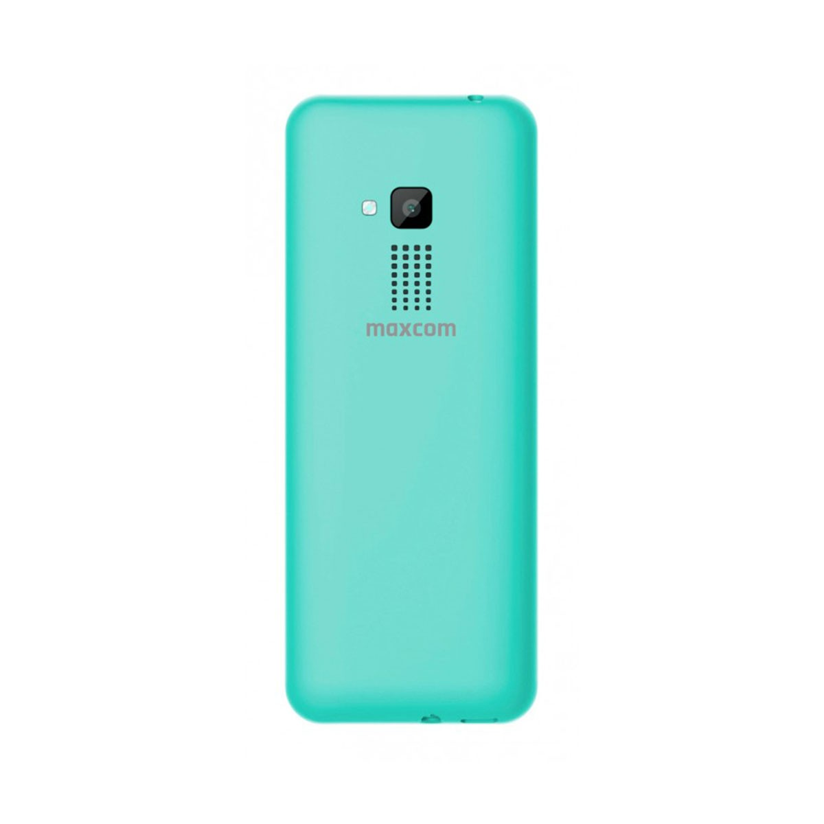 Il retro di un cellulare Maxcom color turchese con fotocamera e griglia.